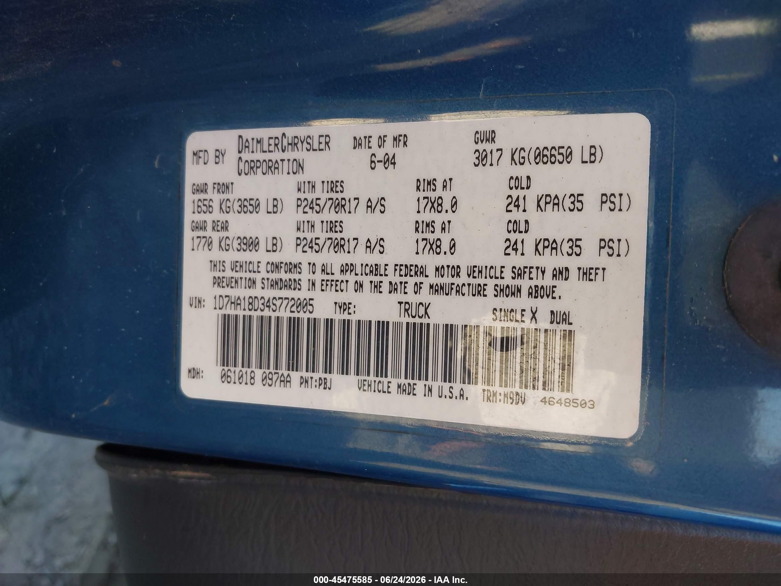 2004 Dodge Ram 1500 Slt/laramie Blue vin: 1D7HA18D34S772005
