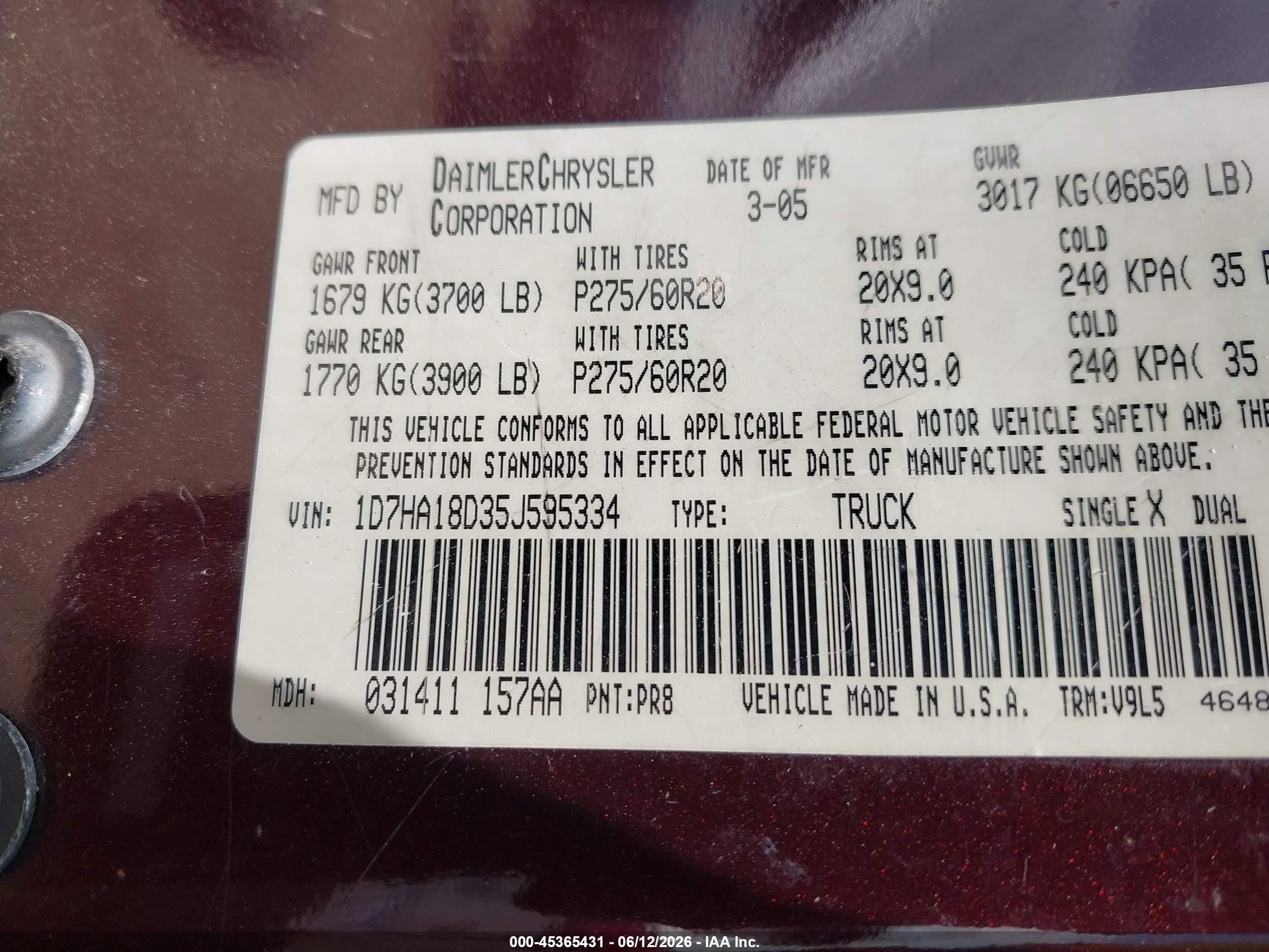 2005 Dodge Ram 1500 Slt/laramie Maroon vin: 1D7HA18D35J595334