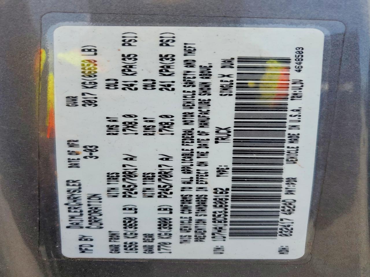 2003 Dodge Ram 1500 St Gray vin: 1D7HA18D53J608162
