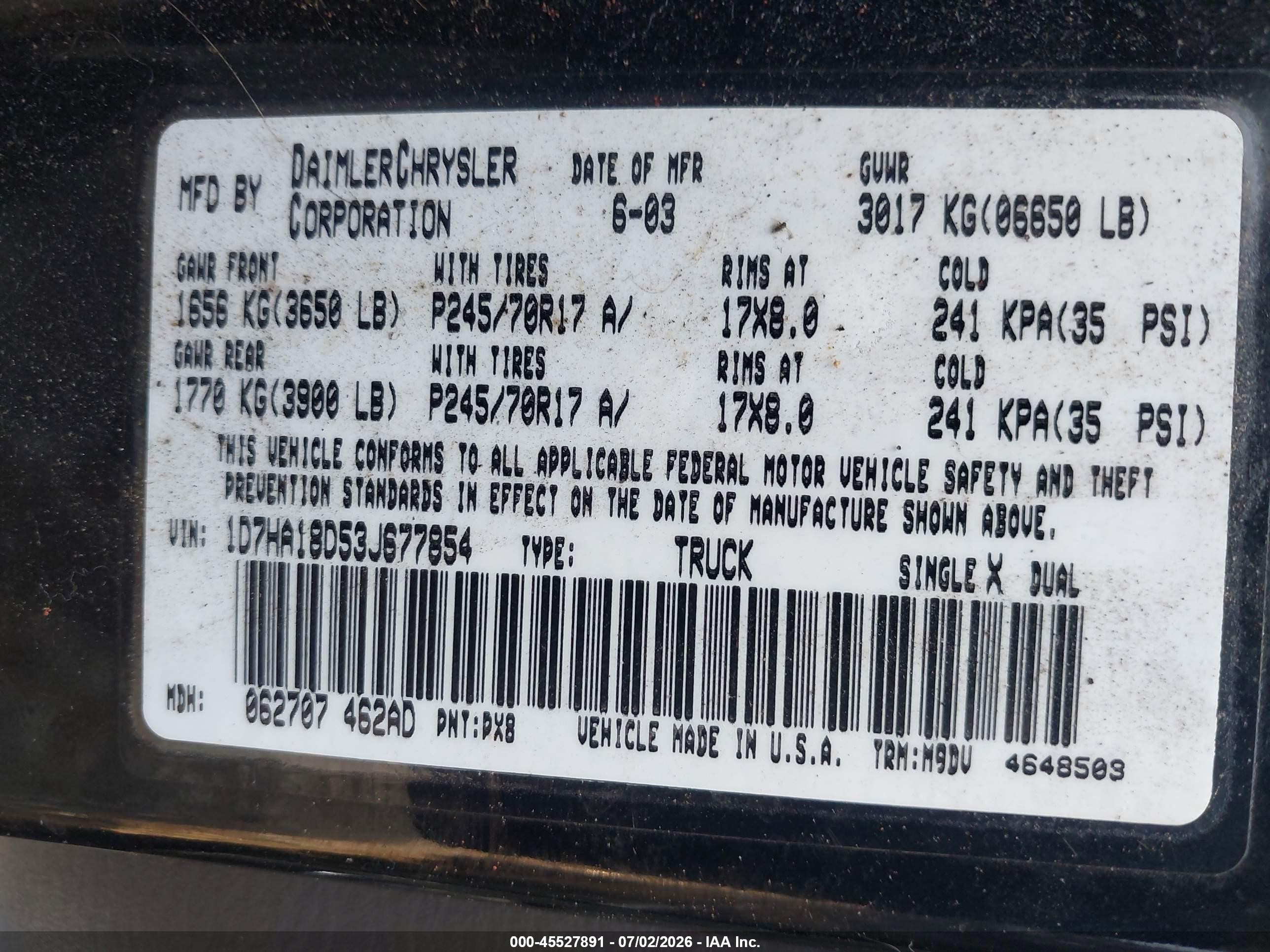 2003 Dodge Ram 1500 Slt/laramie/st Black vin: 1D7HA18D53J677854