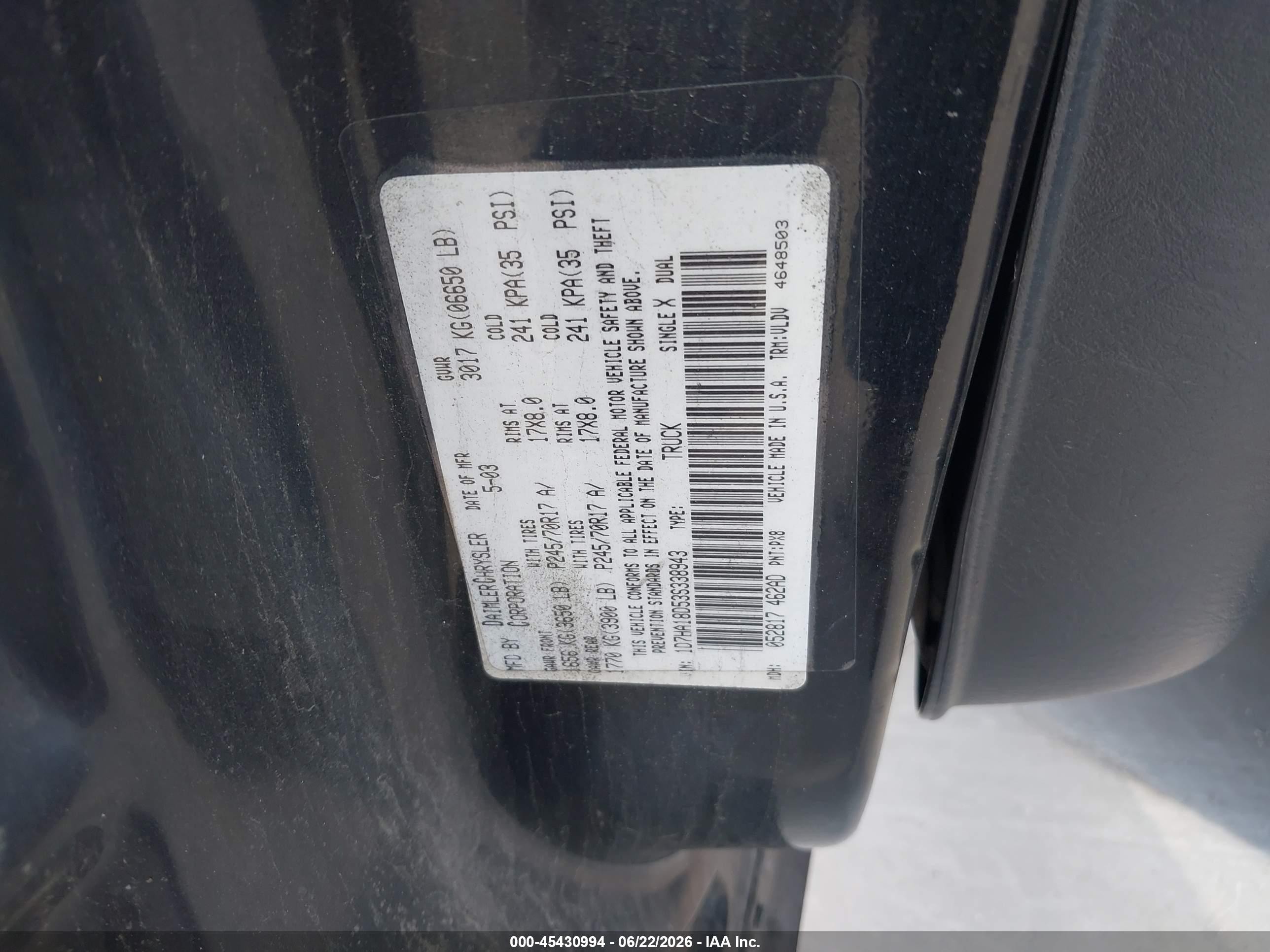 2003 Dodge Ram 1500 Slt/laramie/st Black vin: 1D7HA18D53S338943