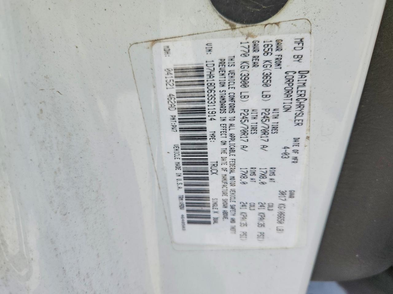 2003 Dodge Ram 1500 St White vin: 1D7HA18D63S311914