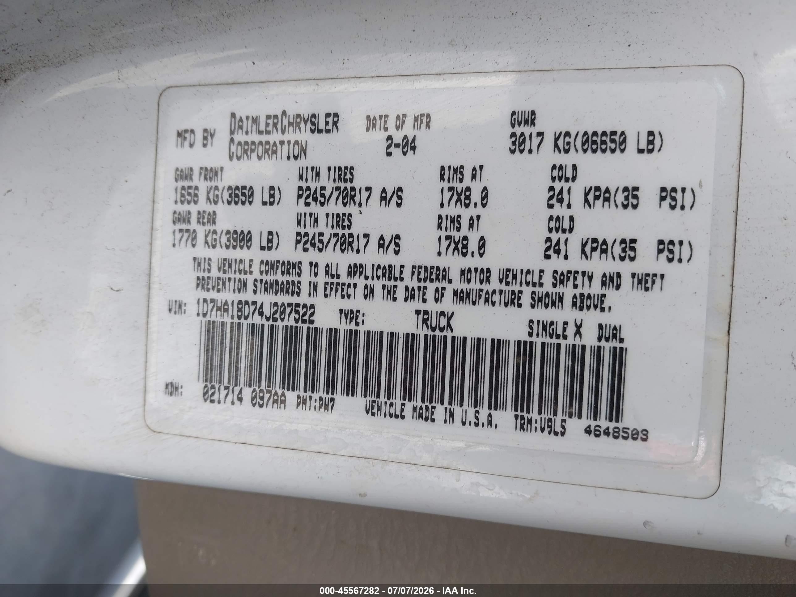 2004 Dodge Ram 1500 Slt/laramie White vin: 1D7HA18D74J207522