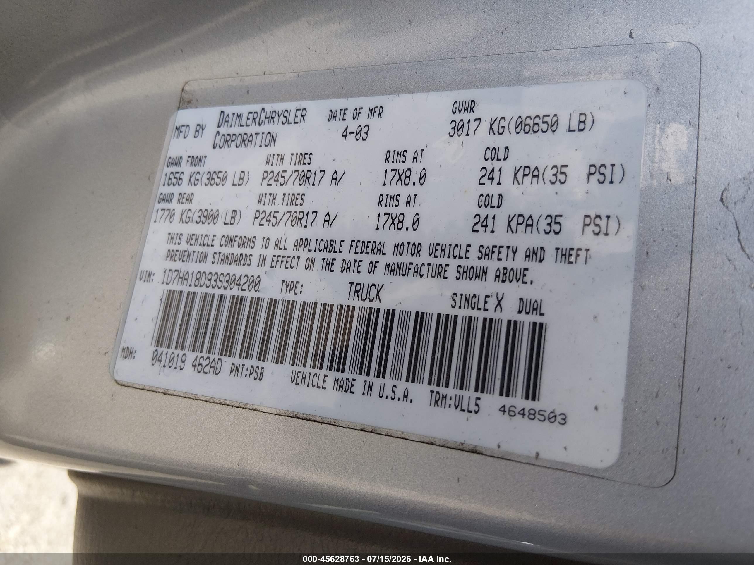2003 Dodge Ram 1500 Slt/laramie/st Silver vin: 1D7HA18D93S304200