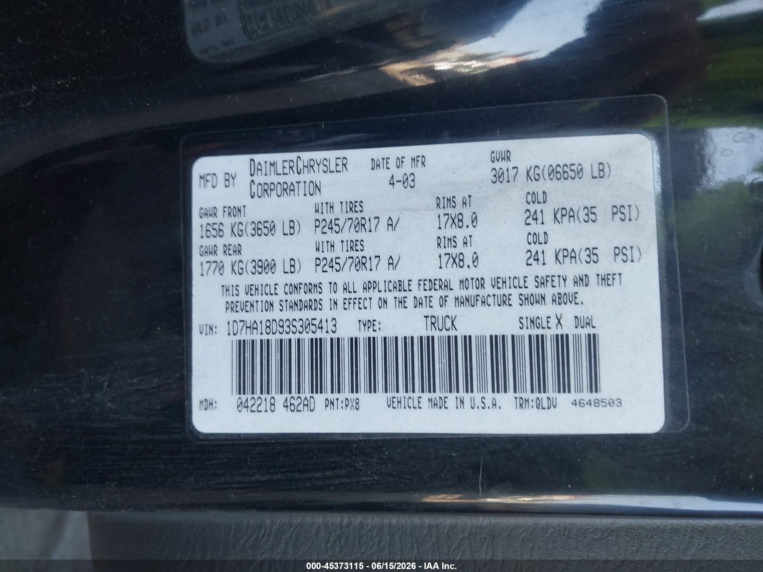 2003 Dodge Ram 1500 Slt/laramie/st Black vin: 1D7HA18D93S305413
