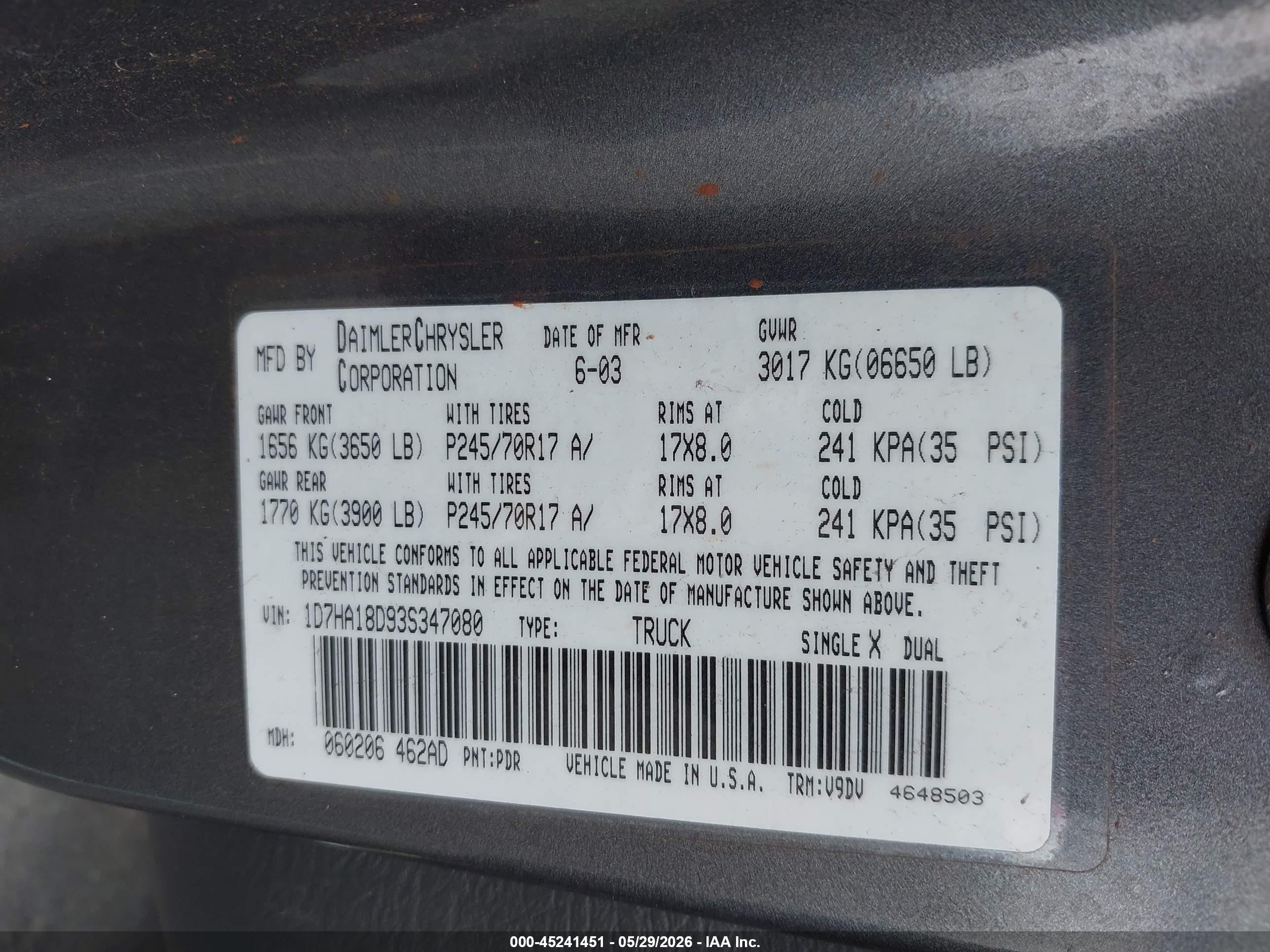 2003 Dodge Ram 1500 Slt/laramie/st Gray vin: 1D7HA18D93S347080