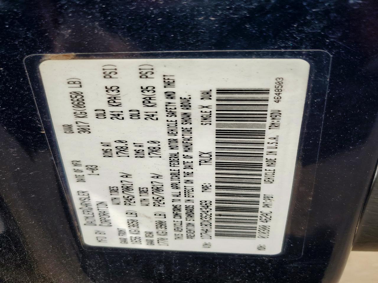2003 Dodge Ram 1500 St Blue vin: 1D7HA18DX3S243469