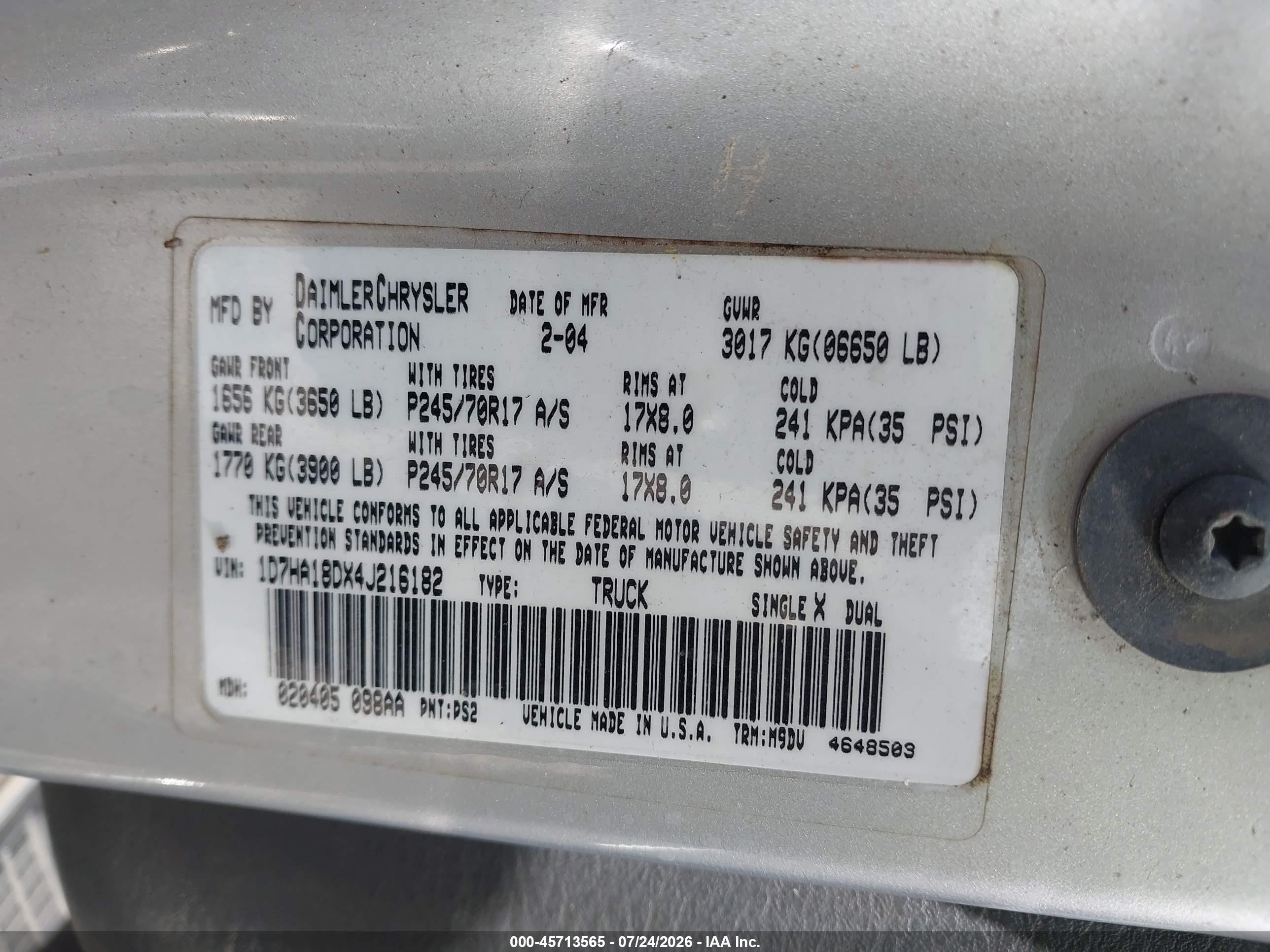 2004 Dodge Ram 1500 Slt/laramie Silver vin: 1D7HA18DX4J216182