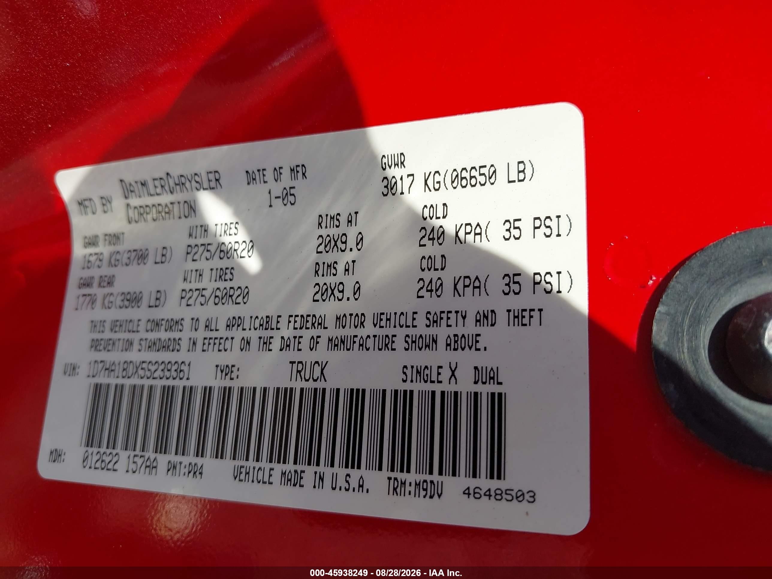 2005 Dodge Ram 1500 Slt/laramie Red vin: 1D7HA18DX5S239361