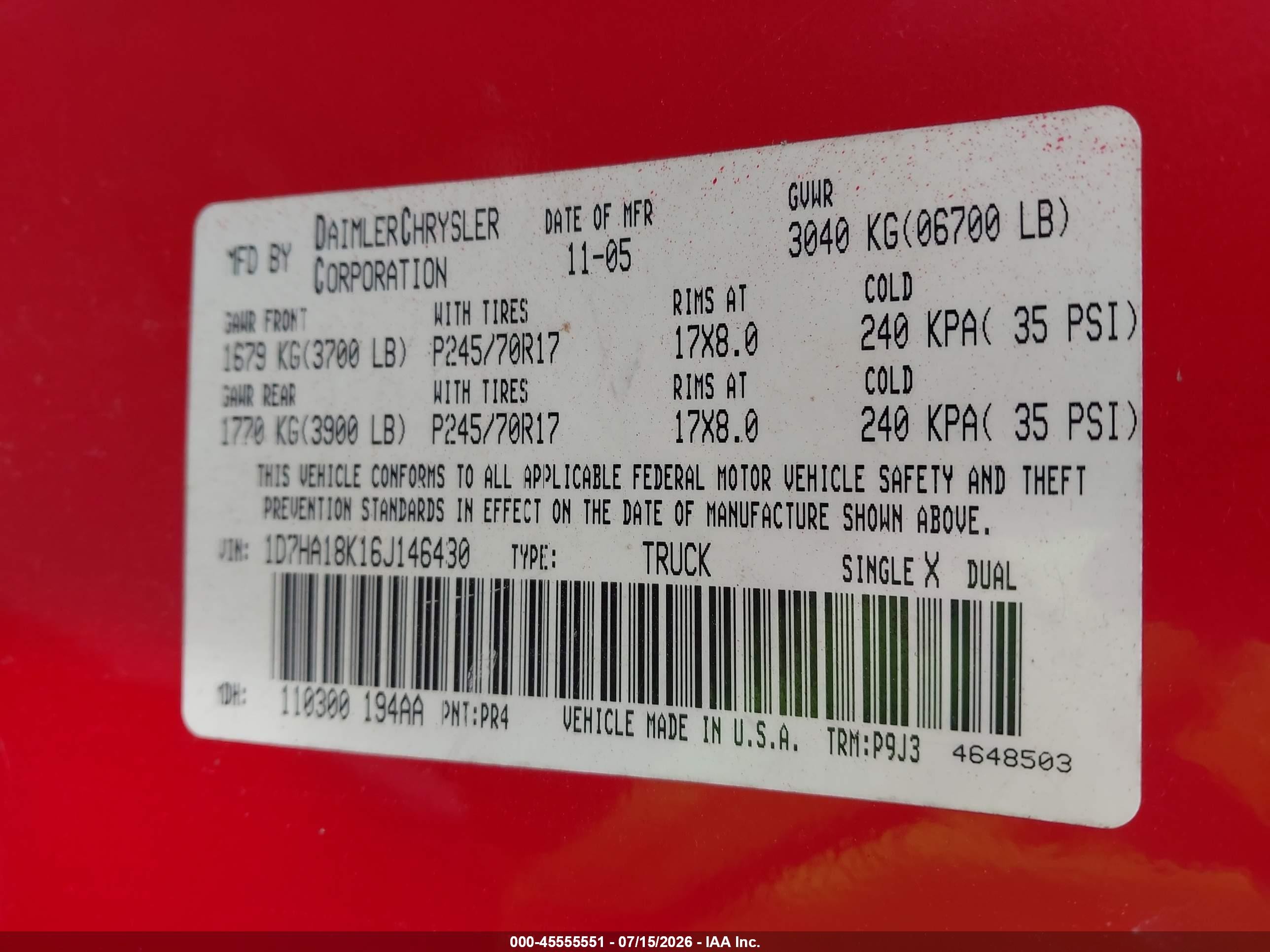 2006 Dodge Ram 1500 St Красный vin: 1D7HA18K16J146430