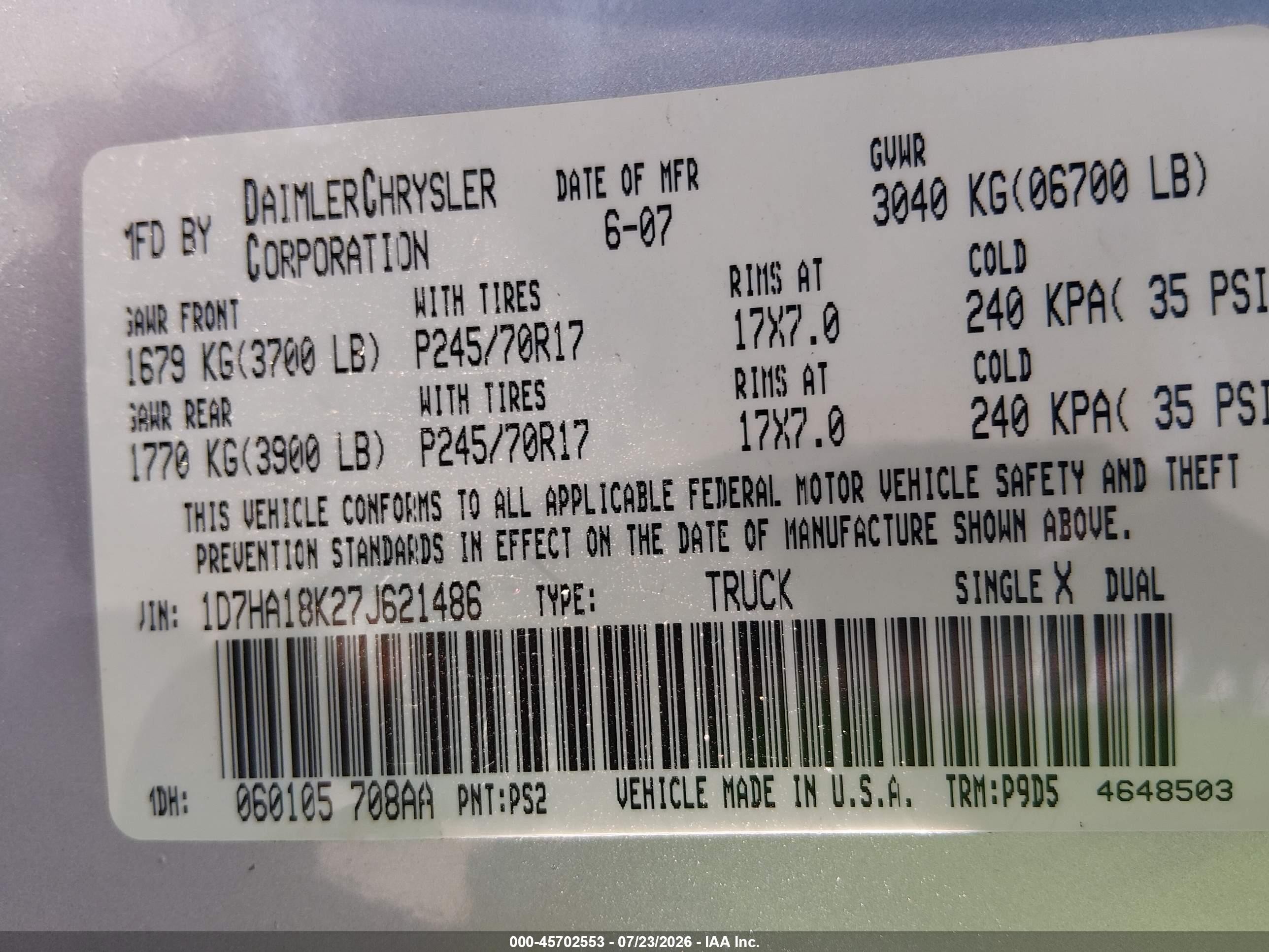 2007 Dodge Ram 1500 St Silver vin: 1D7HA18K27J621486