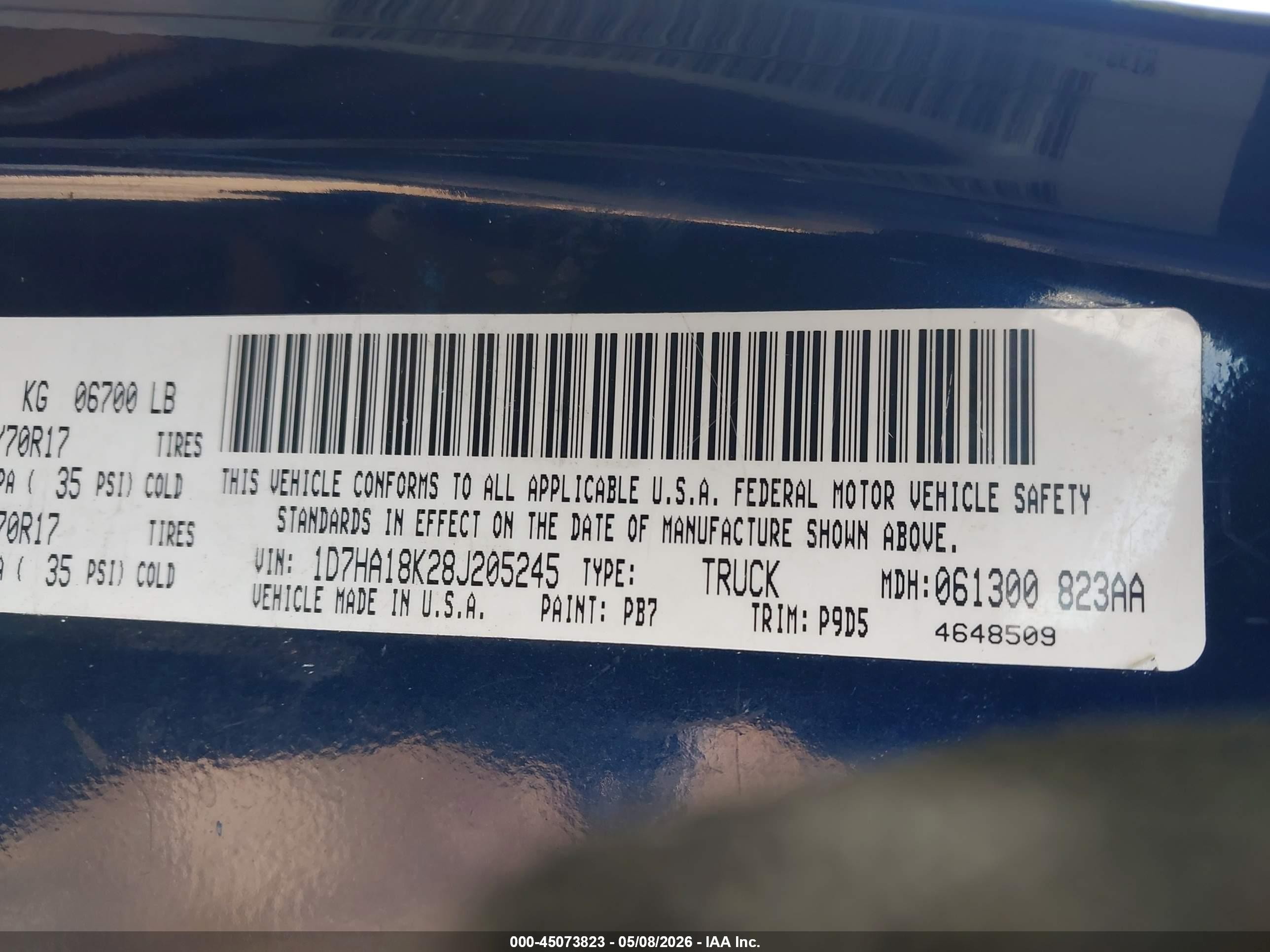 2008 Dodge Ram 1500 St/sxt Blue vin: 1D7HA18K28J205245