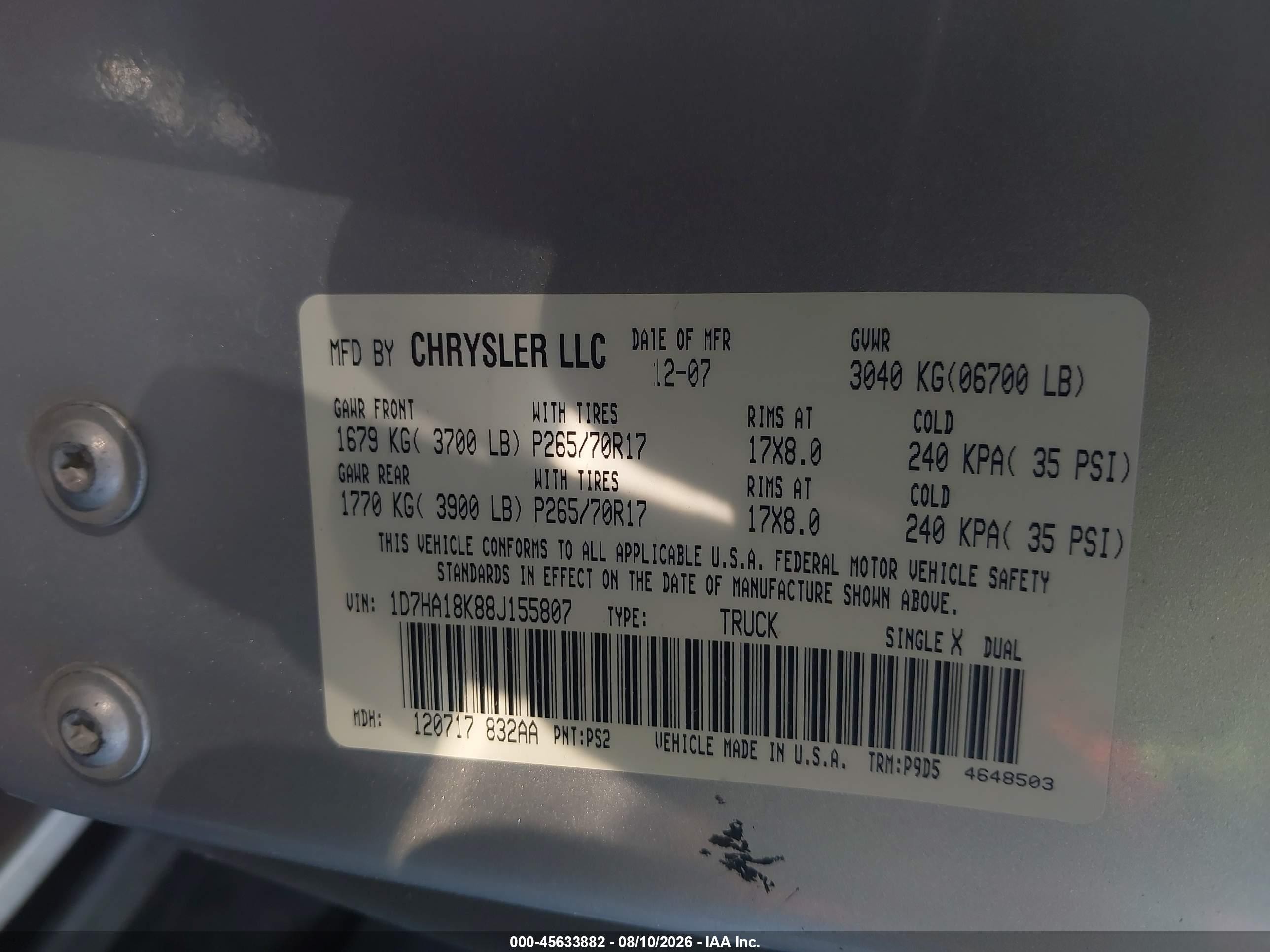 2008 Dodge Ram 1500 St/sxt Серебряный vin: 1D7HA18K88J155807