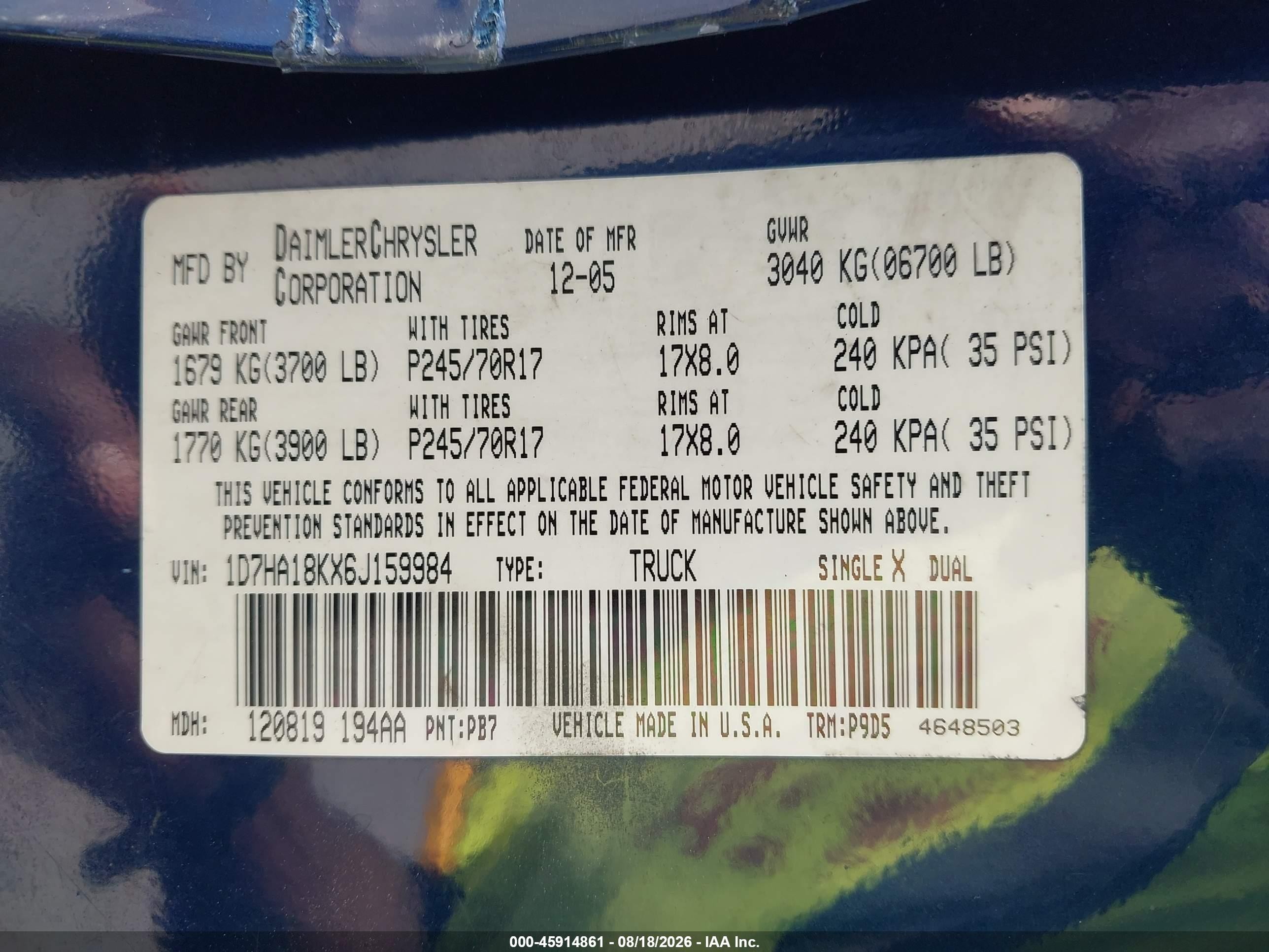 2006 Dodge Ram 1500 St Blue vin: 1D7HA18KX6J159984