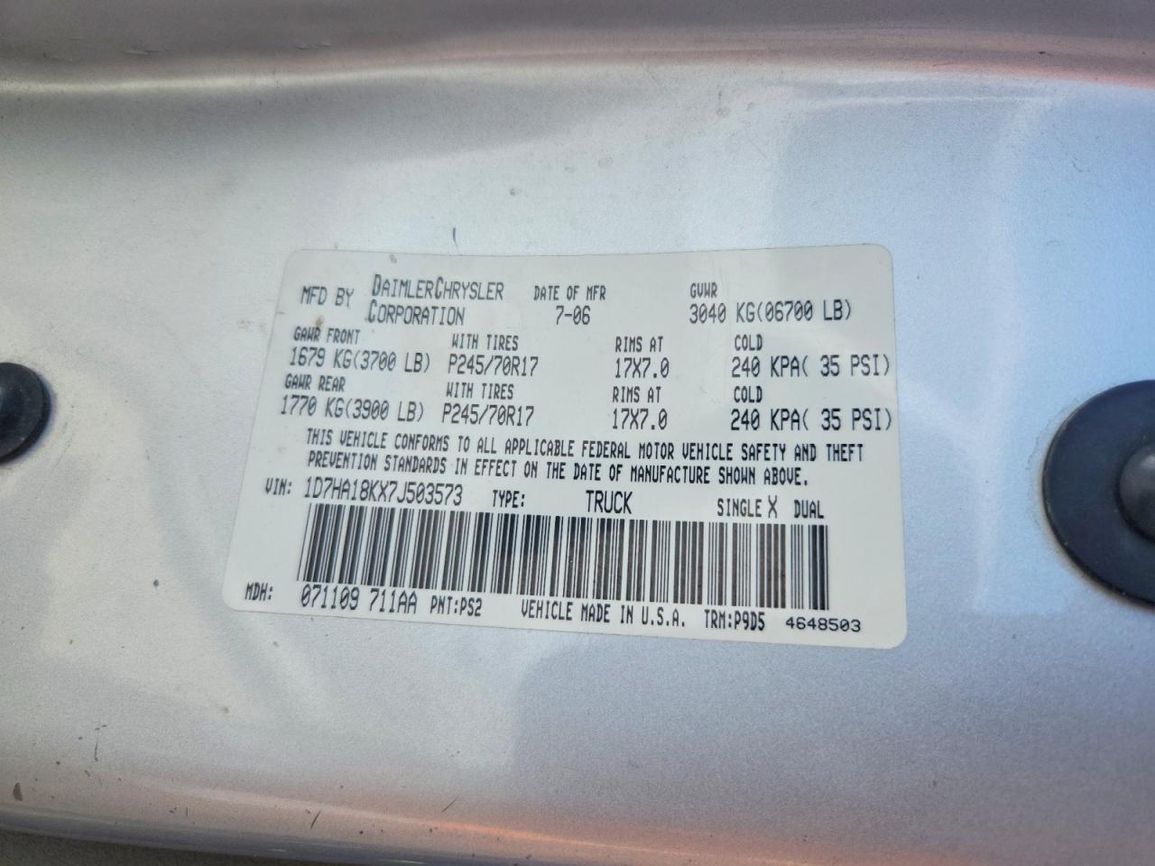 2007 Dodge Ram 1500 St Silver vin: 1D7HA18KX7J503573