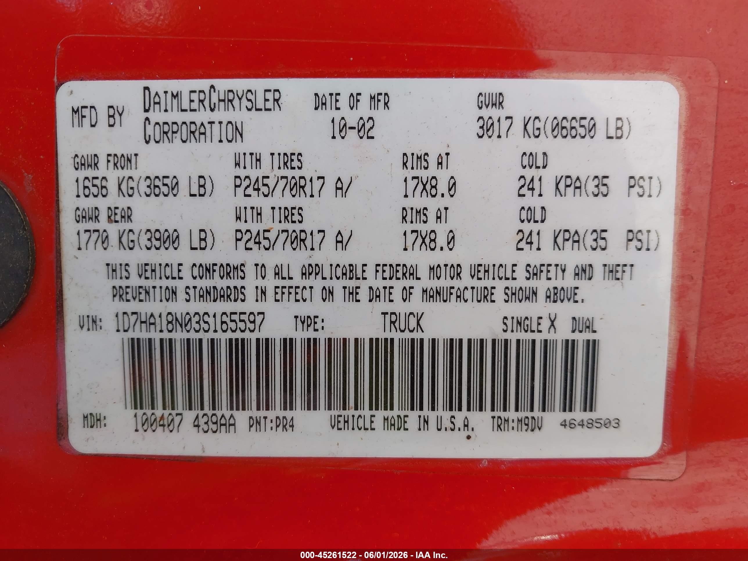 2003 Dodge Ram 1500   Red vin: 1D7HA18N03S165597