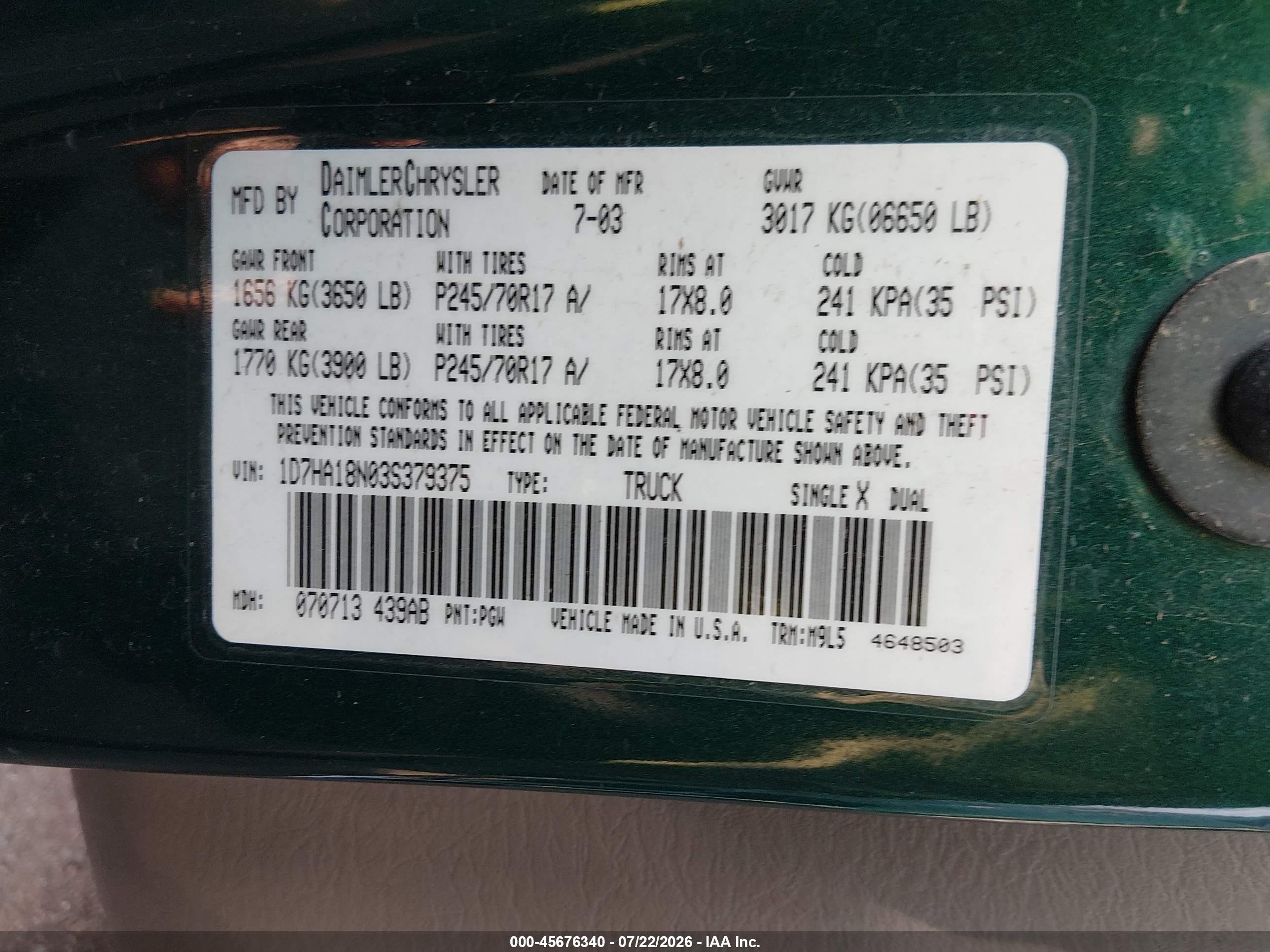 2003 Dodge Ram 1500 Slt/laramie/st Green vin: 1D7HA18N03S379375