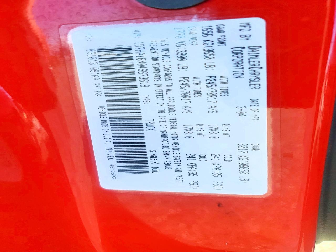 2004 Dodge Ram 1500 St Красный vin: 1D7HA18N04S673618