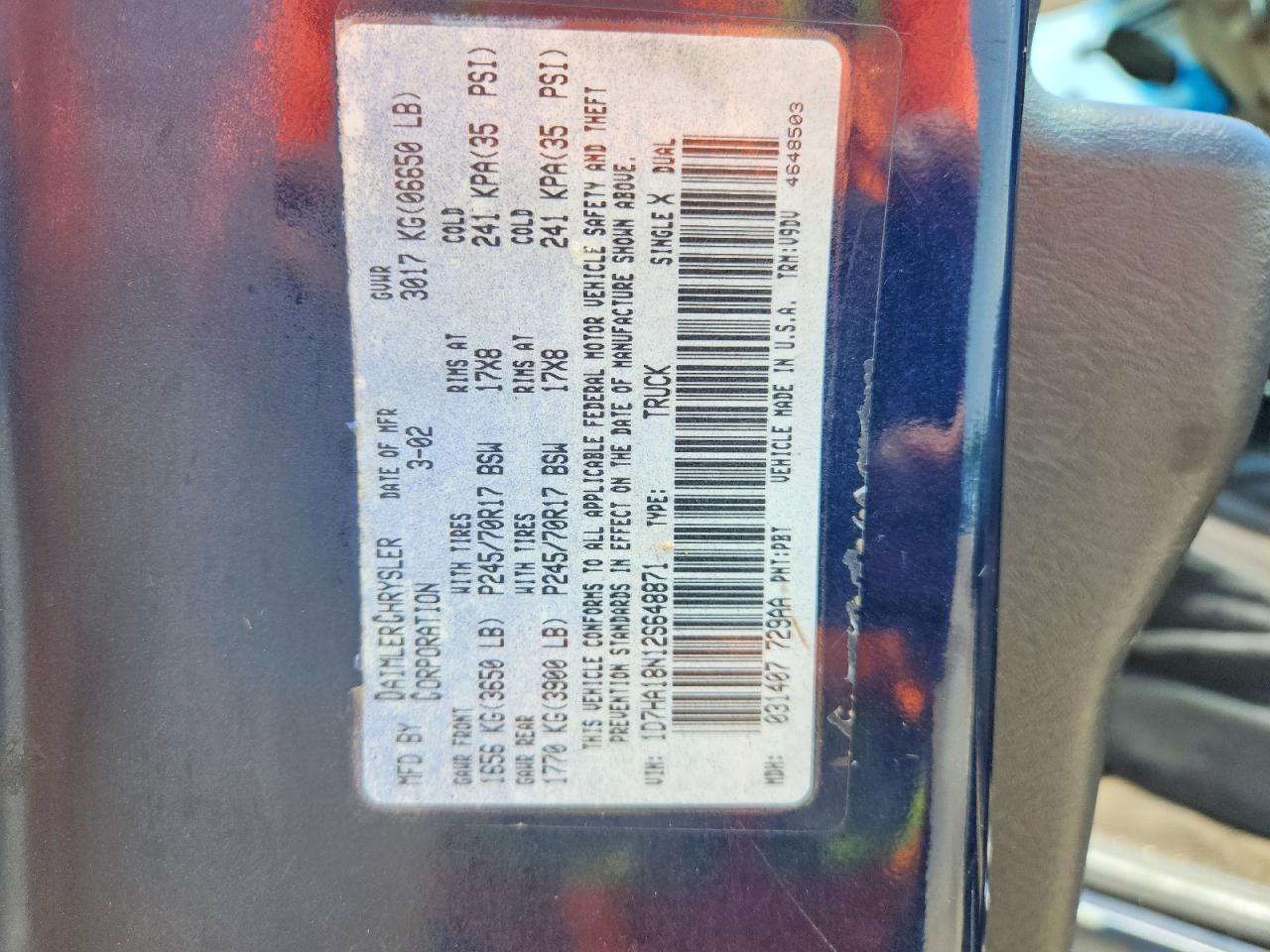 2002 Dodge Ram 1500 Blue vin: 1D7HA18N12S648871