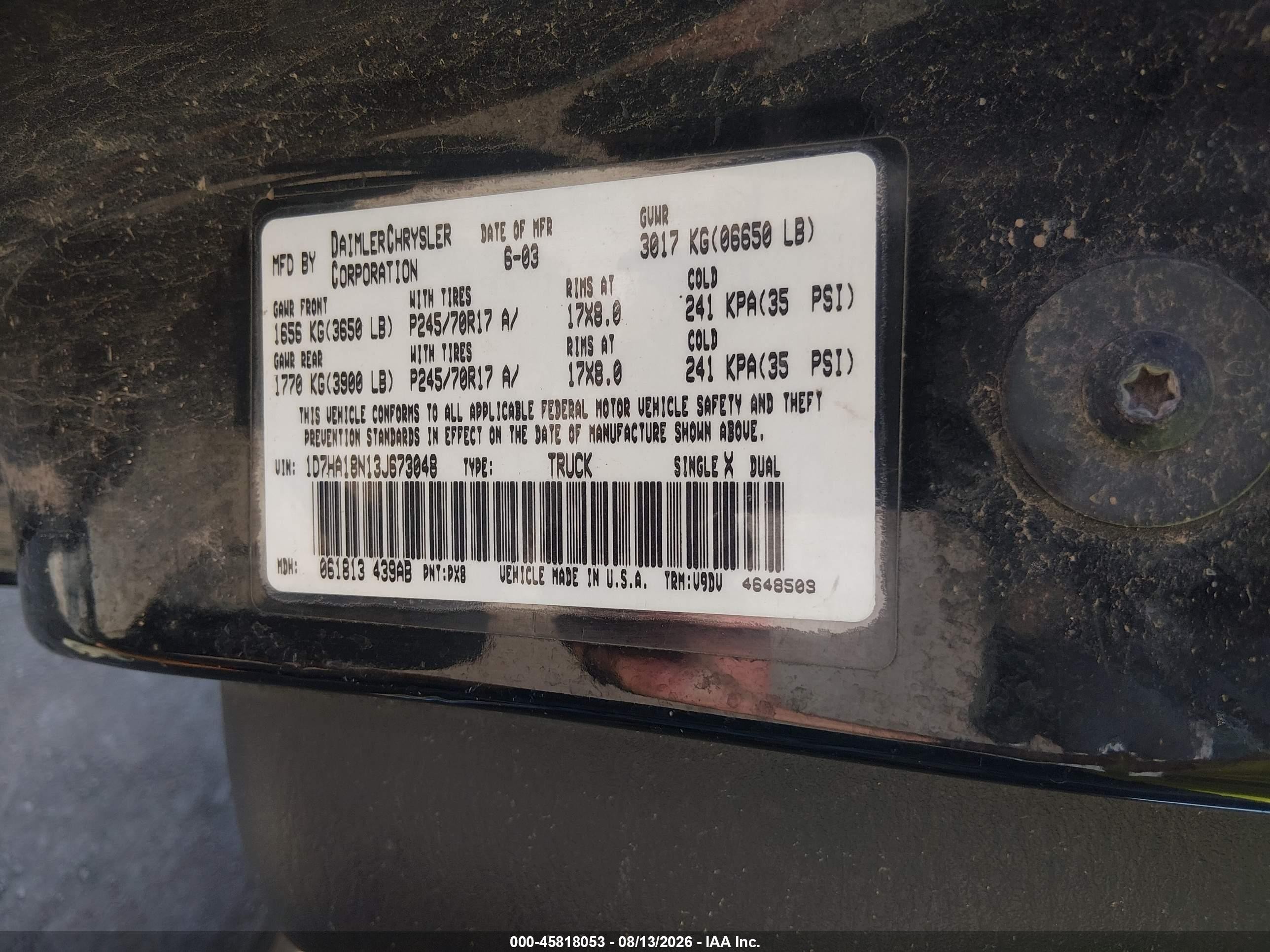 2003 Dodge Ram 1500 Slt/laramie/st Black vin: 1D7HA18N13J673048