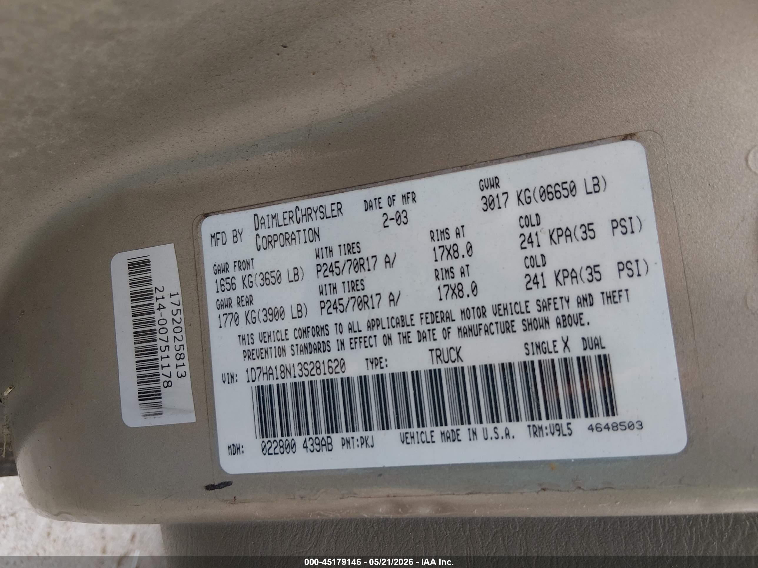2003 Dodge Ram 1500 Slt/laramie/st Beige vin: 1D7HA18N13S281620