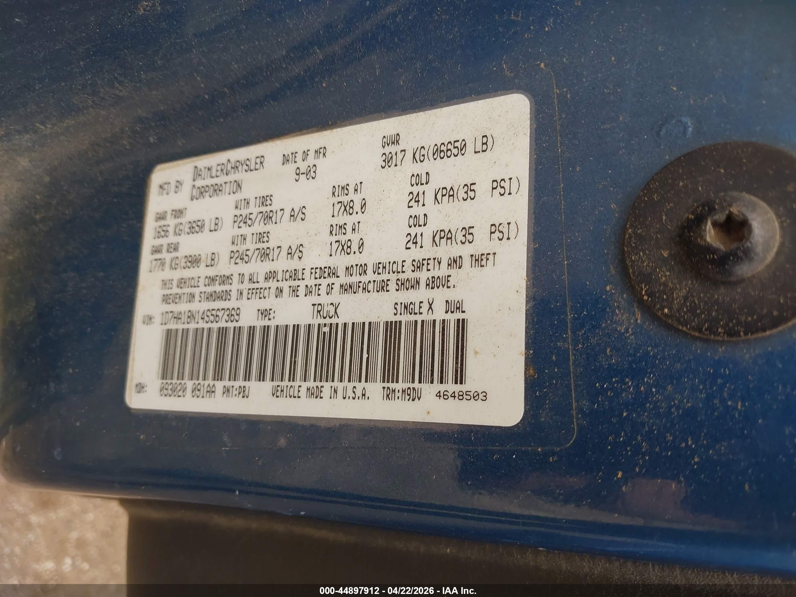 2004 Dodge Ram 1500 Slt/laramie Синий vin: 1D7HA18N14S567369
