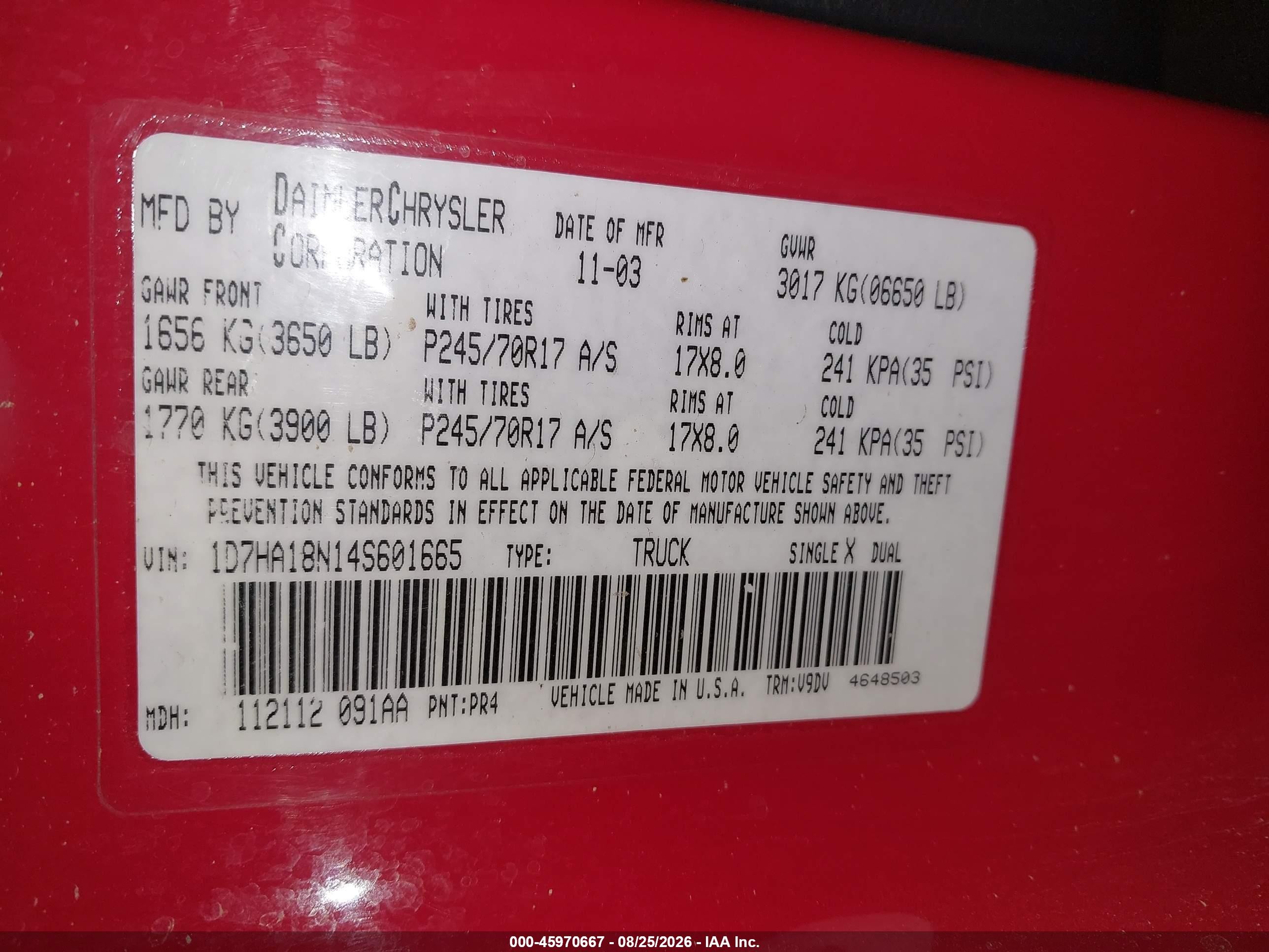 2004 Dodge Ram 1500 Slt/laramie Red vin: 1D7HA18N14S601665