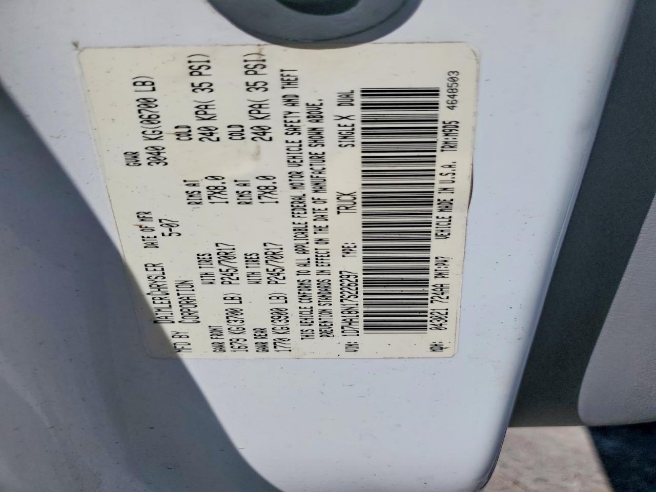 2007 Dodge Ram 1500 St/slt White vin: 1D7HA18N17S226297