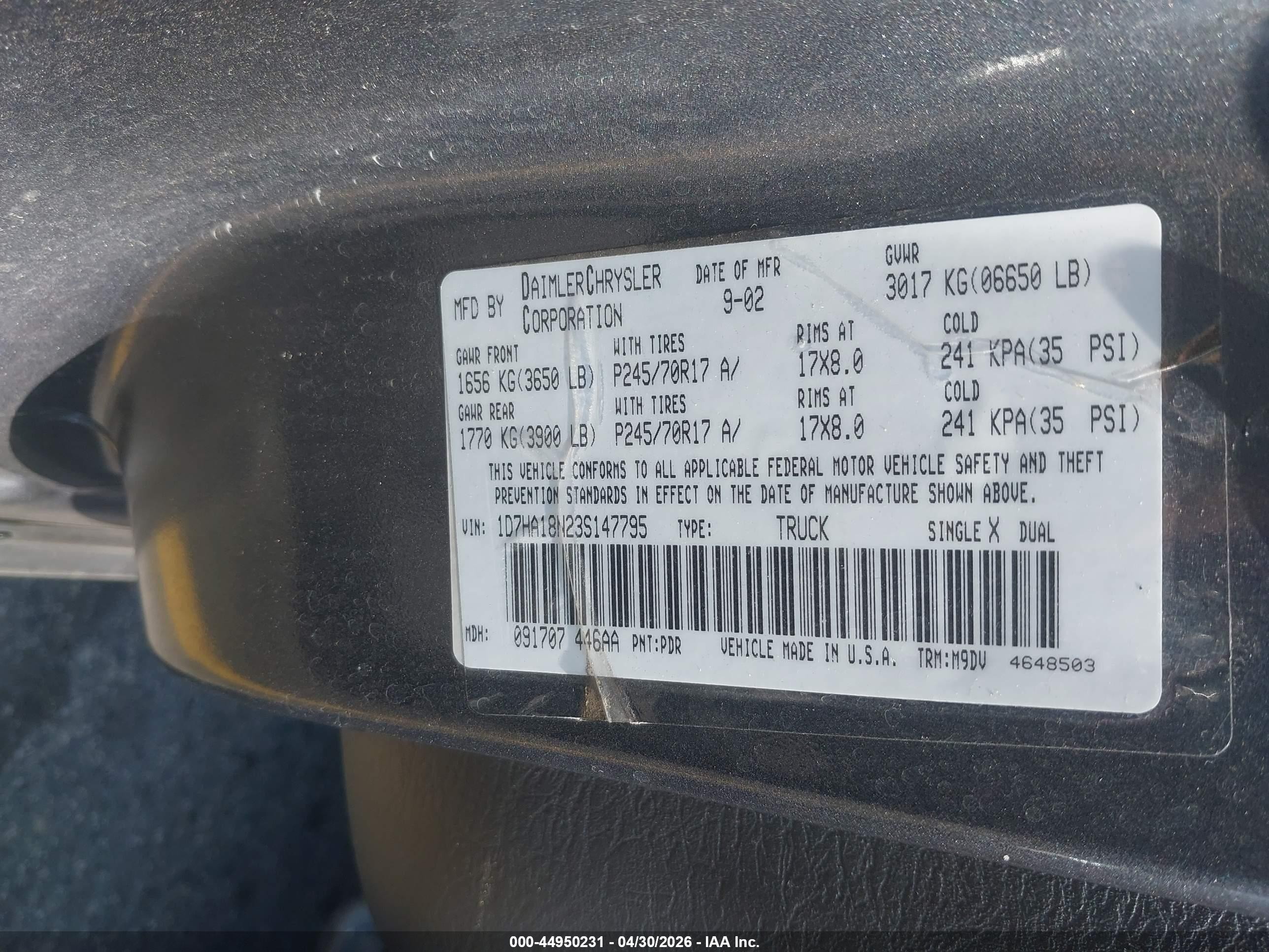 2003 Dodge Ram 1500 Slt/laramie/st Gray vin: 1D7HA18N23S147795