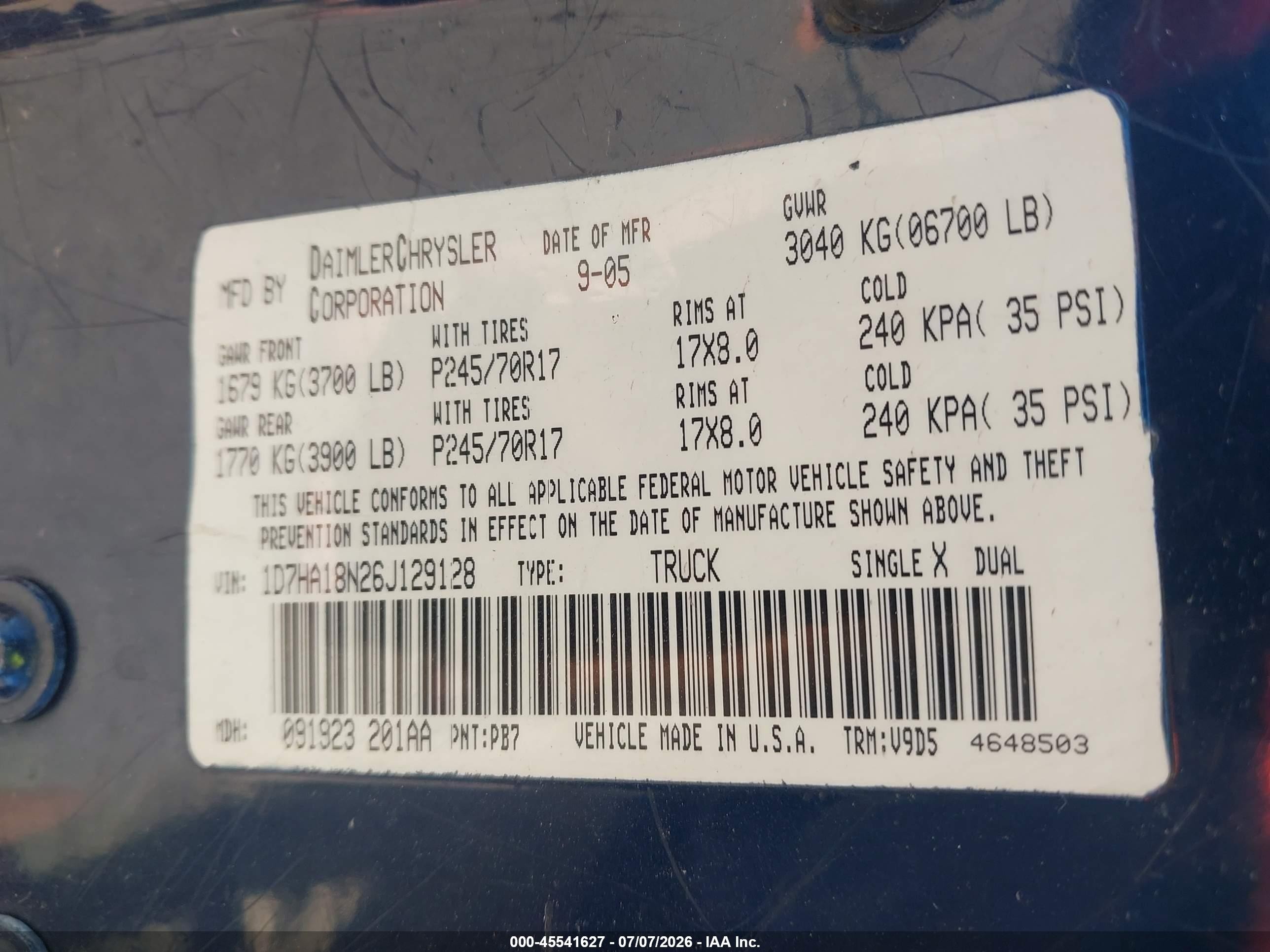 2006 Dodge Ram 1500 Slt Blue vin: 1D7HA18N26J129128