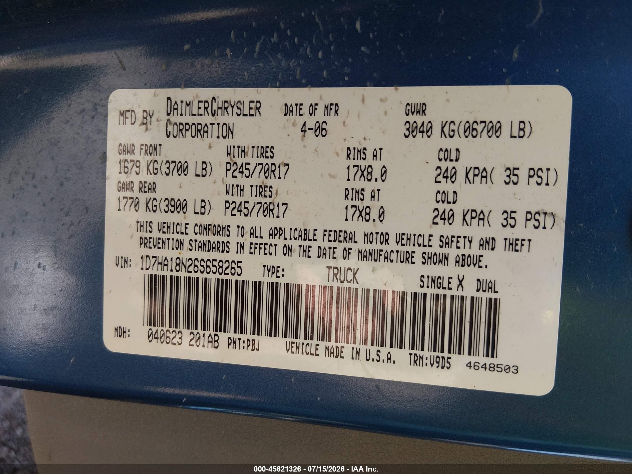 2006 Dodge Ram 1500 Slt Blue vin: 1D7HA18N26S658265