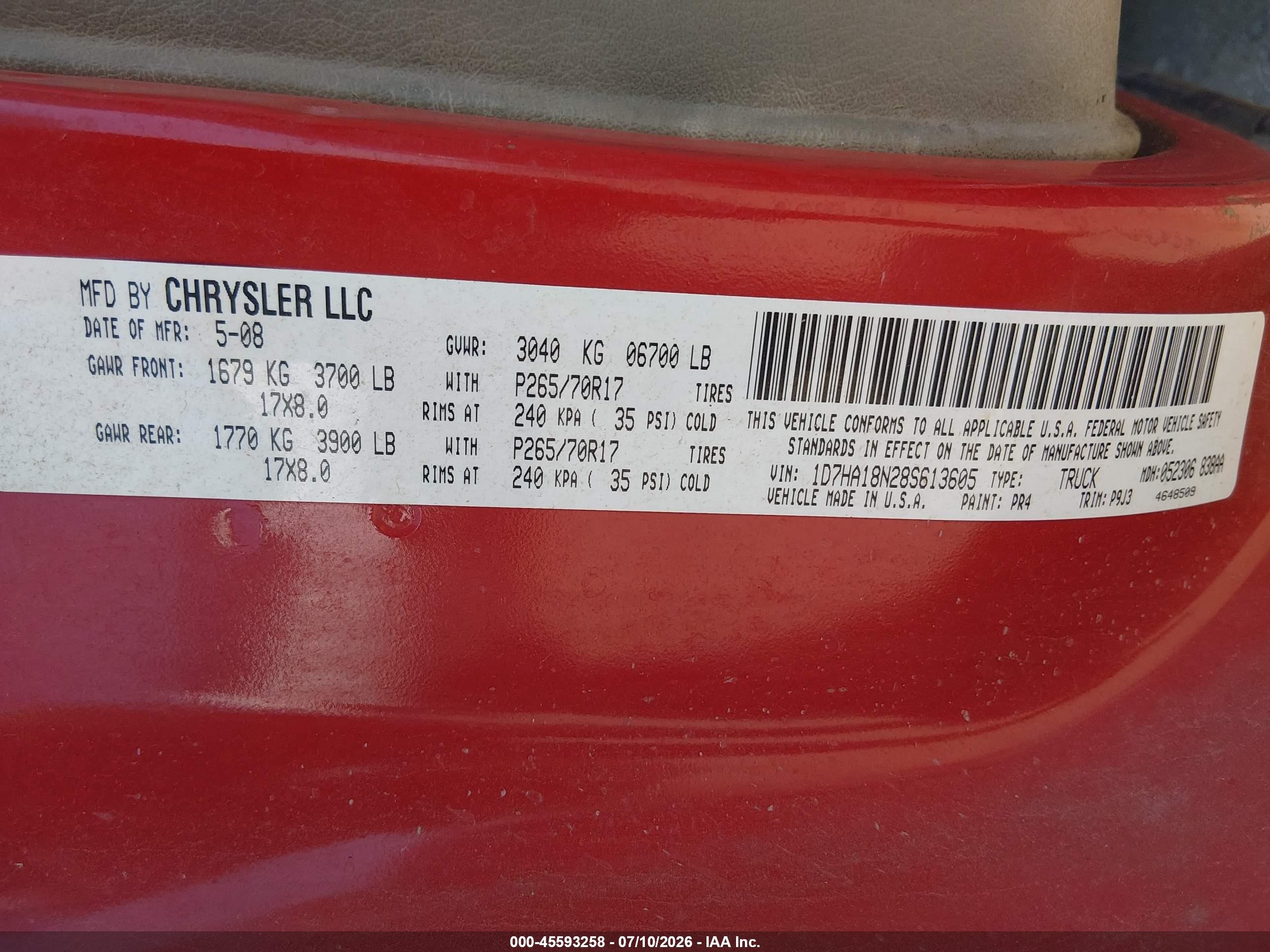 2008 Dodge Ram 1500 St/sxt Red vin: 1D7HA18N28S613605
