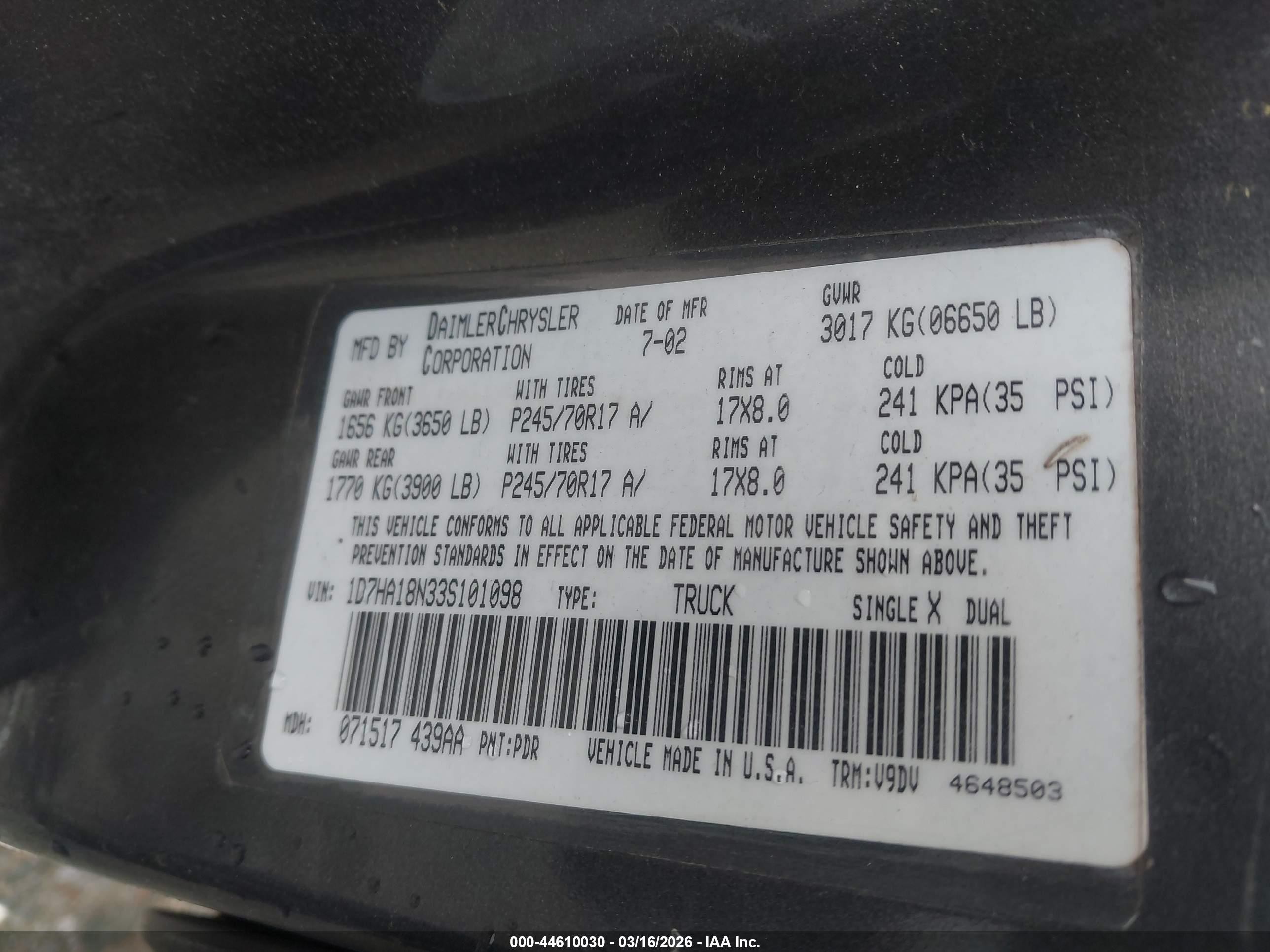 2003 Dodge Ram 1500 Slt/laramie/st Gray vin: 1D7HA18N33S101098
