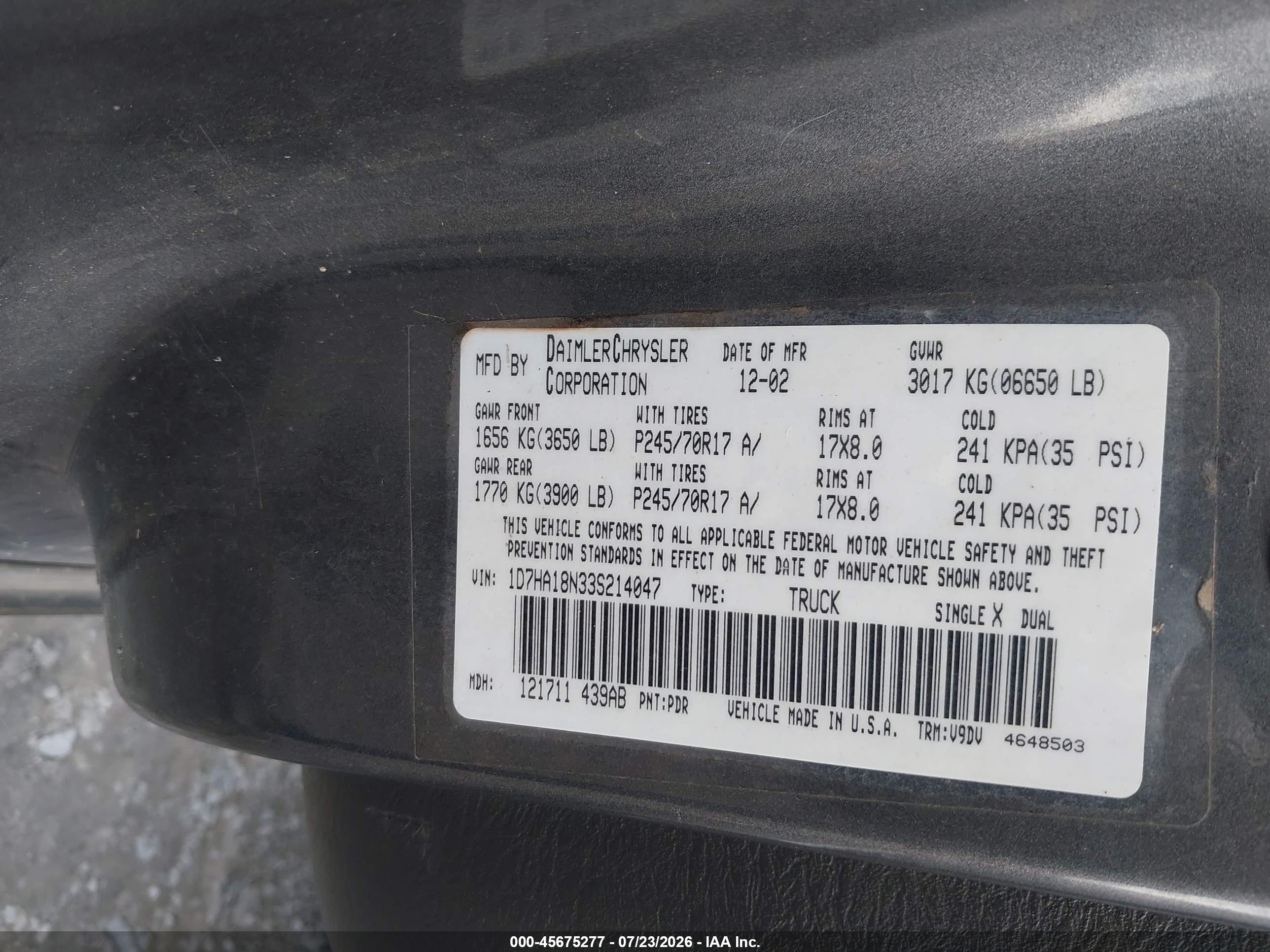 2003 Dodge Ram 1500 Slt/laramie/st Gray vin: 1D7HA18N33S214047
