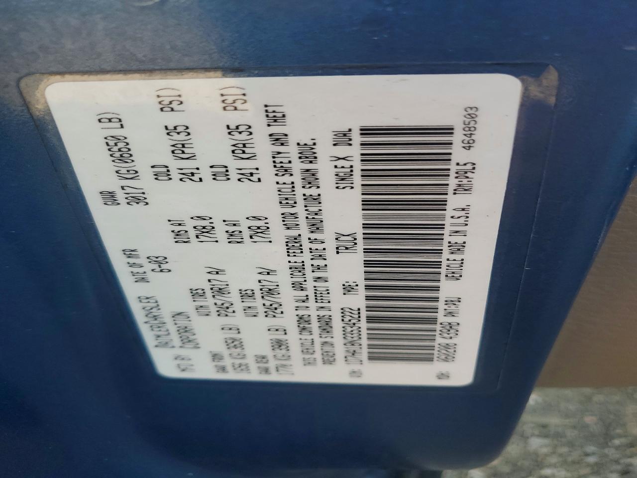 2003 Dodge Ram 1500 St Blue vin: 1D7HA18N33S345222