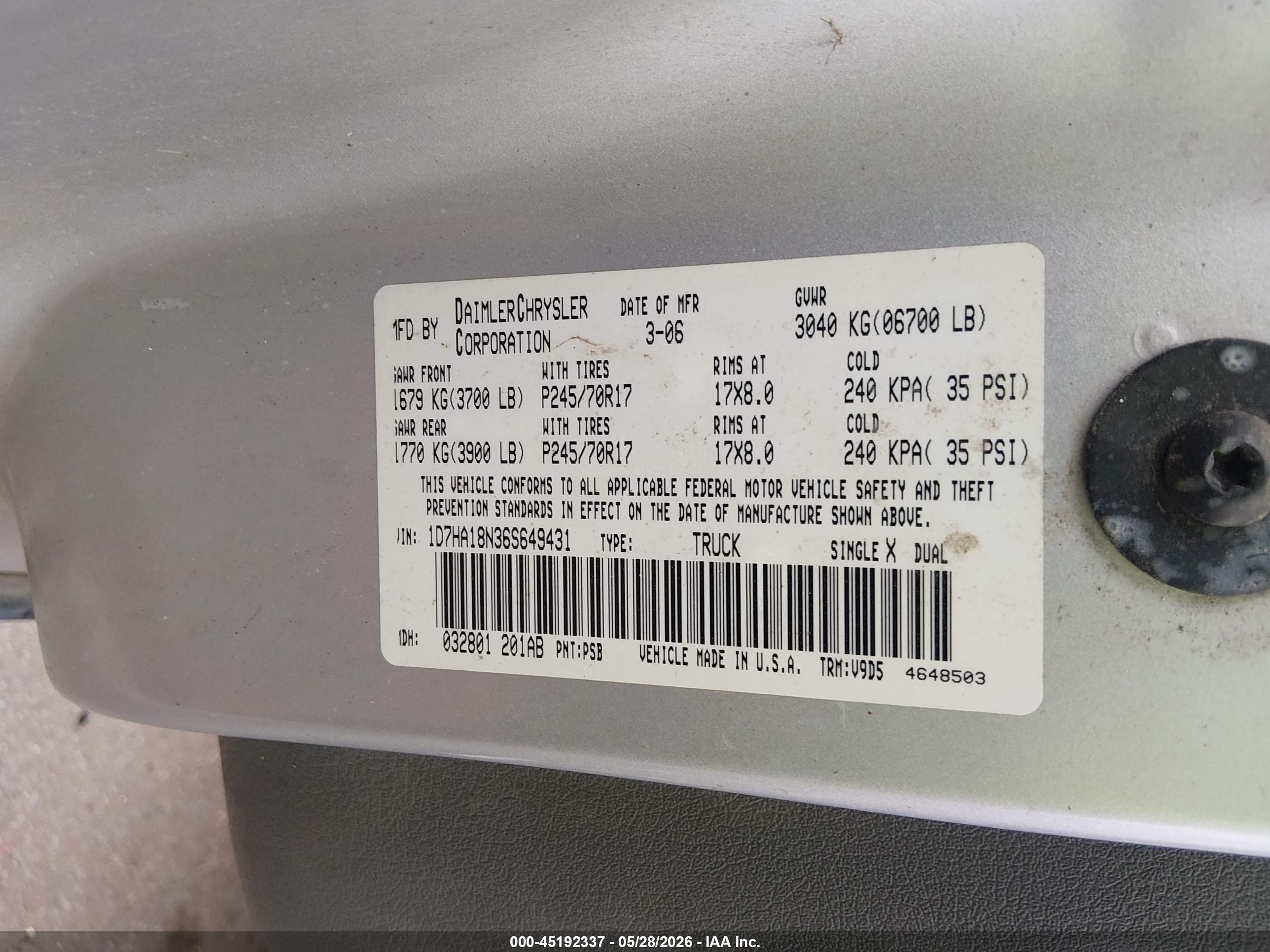 2006 Dodge Ram 1500 Slt White vin: 1D7HA18N36S649431