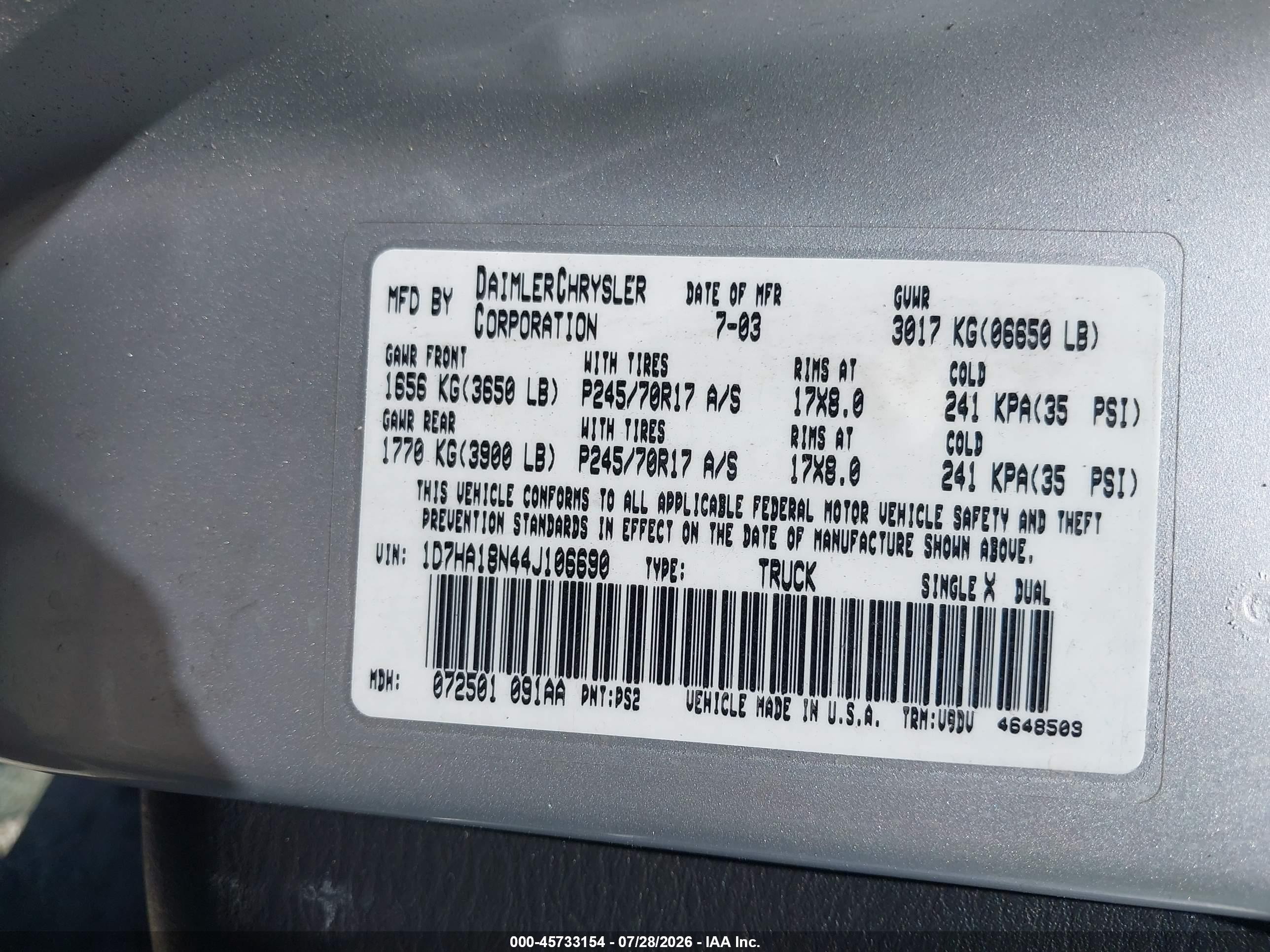2004 Dodge Ram 1500 Slt/laramie Silver vin: 1D7HA18N44J106690