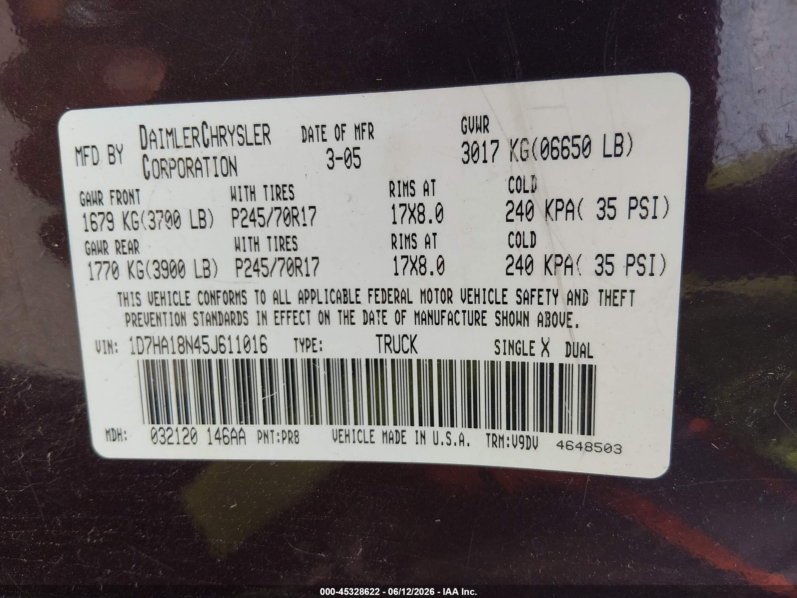 2005 Dodge Ram 1500 Slt/laramie Purple vin: 1D7HA18N45J611016
