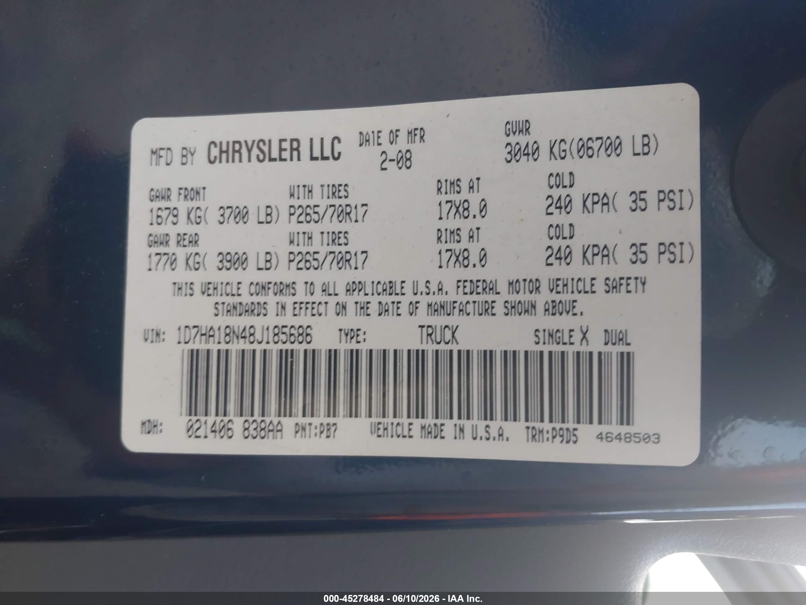 2008 Dodge Ram 1500 St/slt Blue vin: 1D7HA18N48J185686
