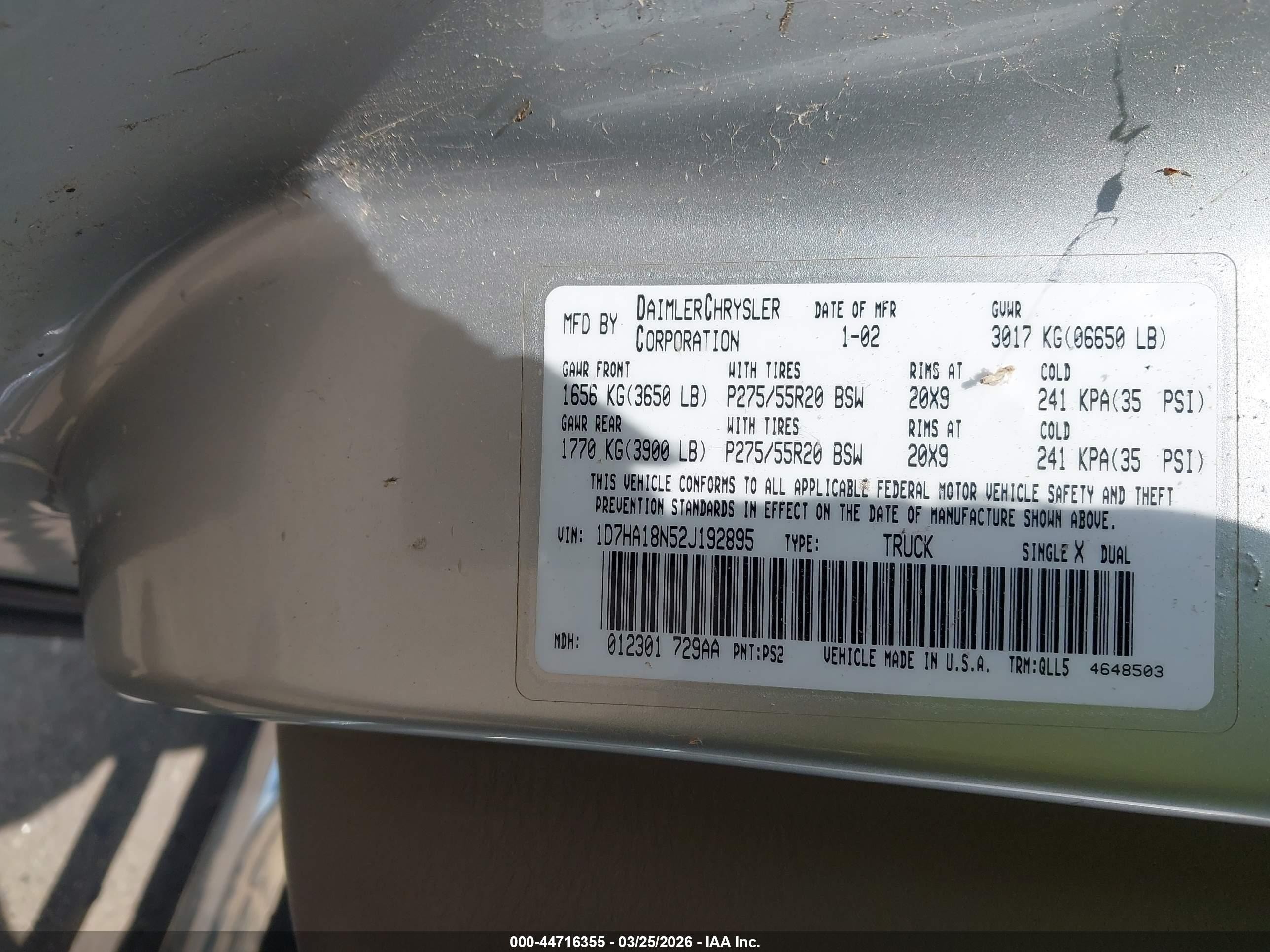 2002 Dodge Ram 1500 St Silver vin: 1D7HA18N52J192895
