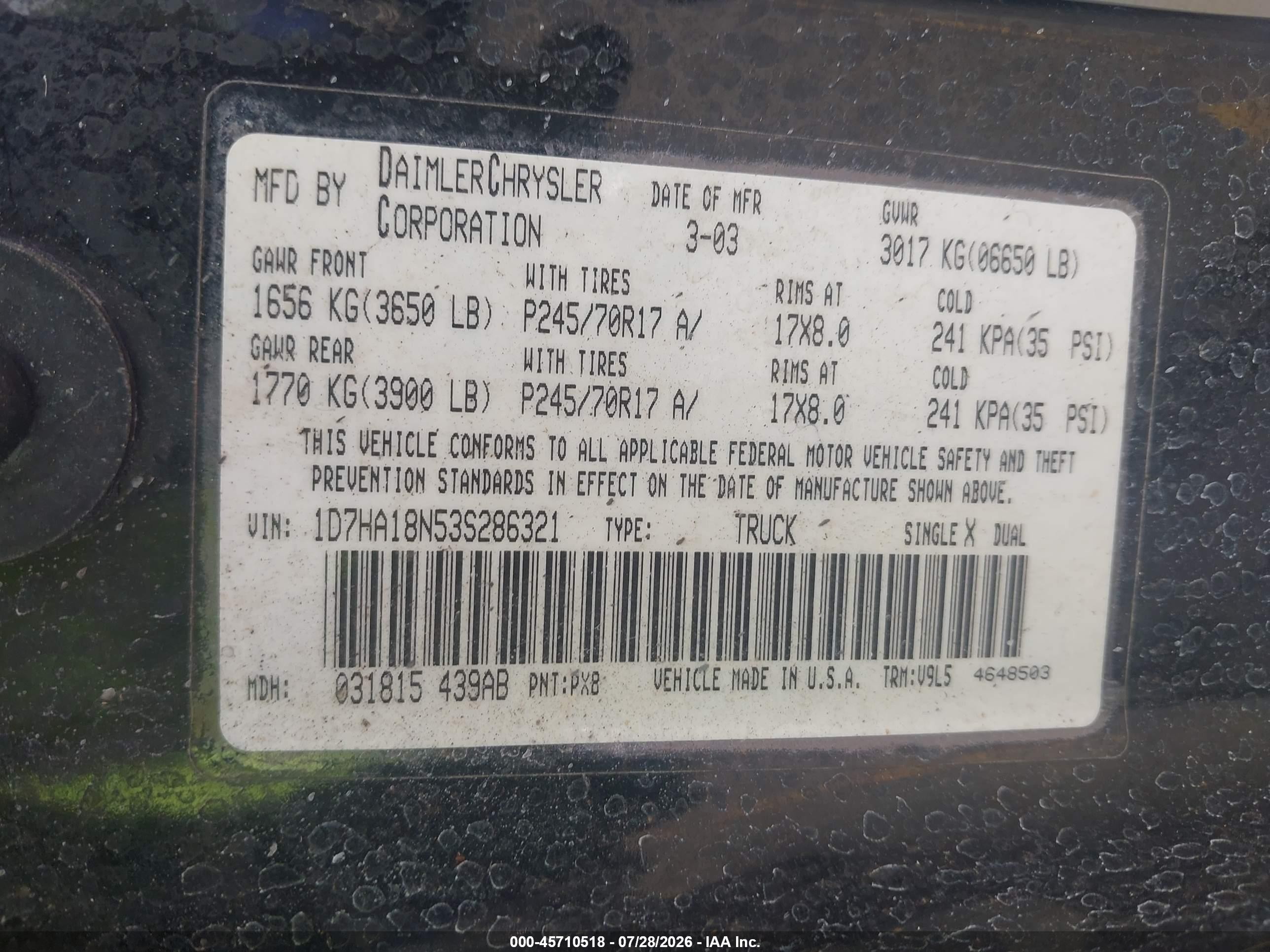 2003 Dodge Ram 1500 Slt/laramie/st Black vin: 1D7HA18N53S286321
