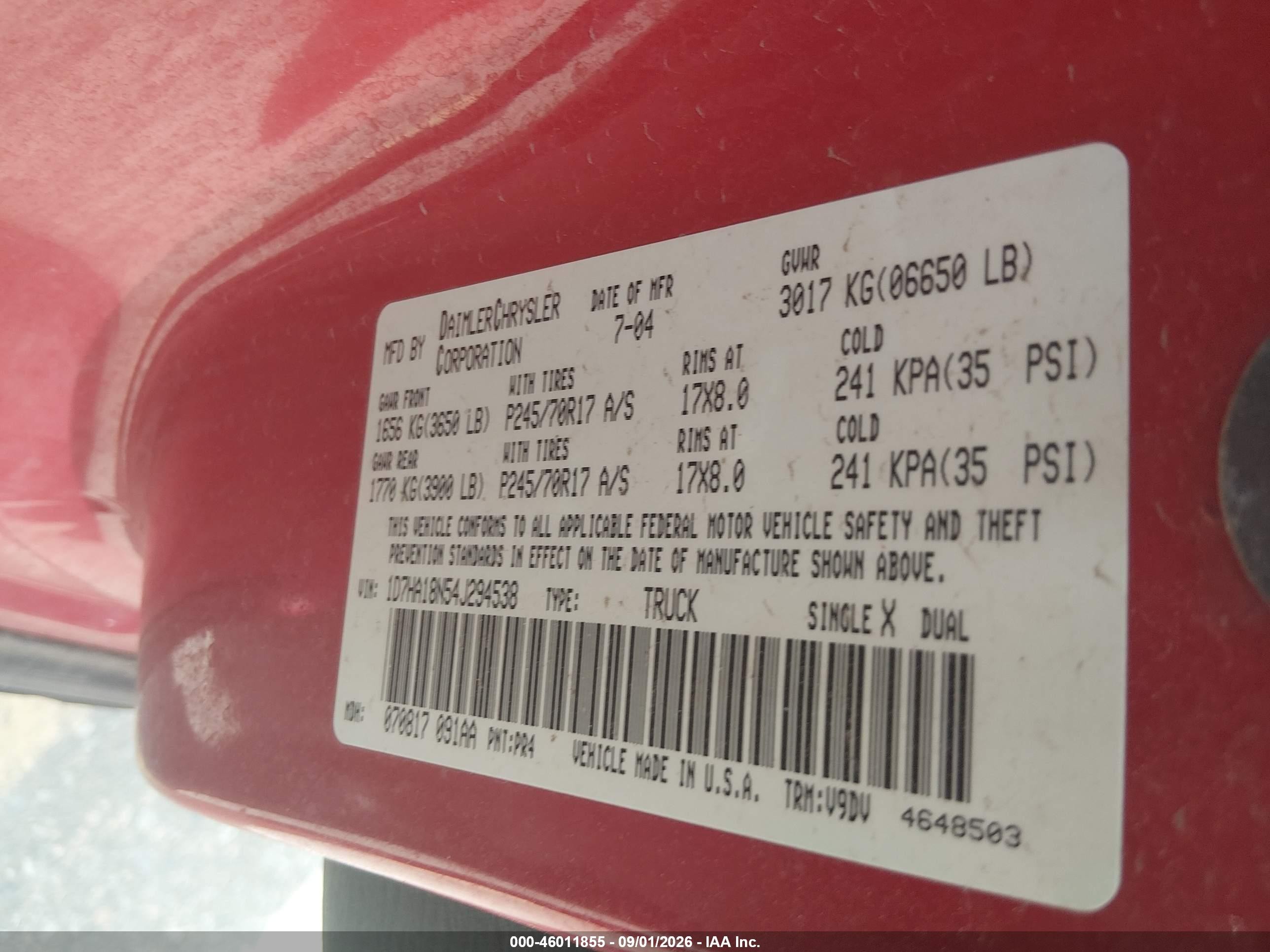 2004 Dodge Ram 1500 Slt/laramie Red vin: 1D7HA18N54J294538