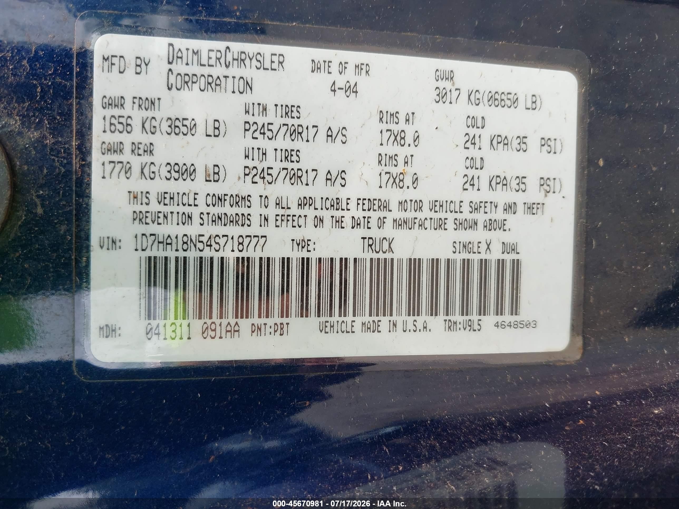 2004 Dodge Ram 1500 Slt/laramie Синий vin: 1D7HA18N54S718777
