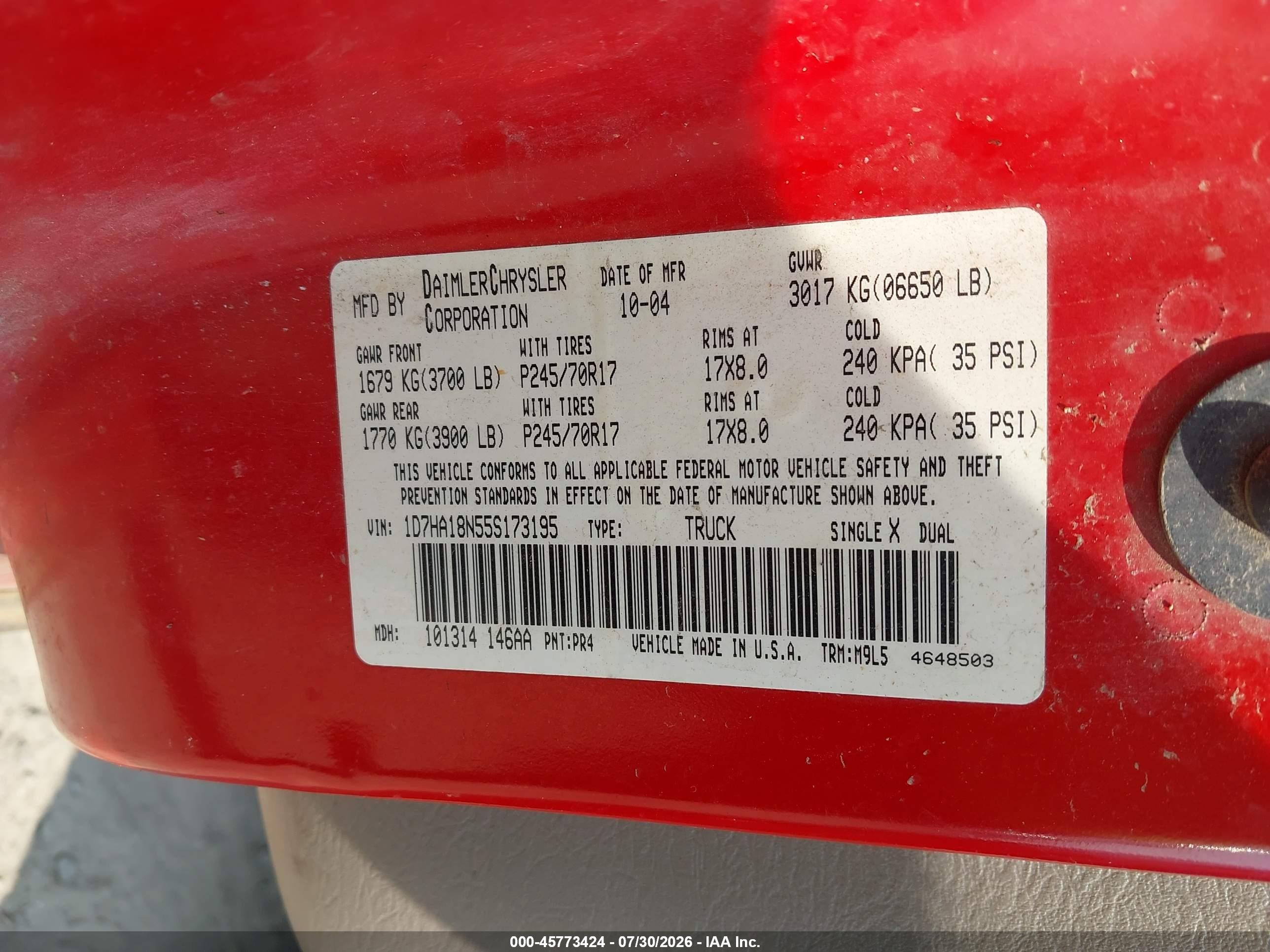 2005 Dodge Ram 1500 Slt/laramie Red vin: 1D7HA18N55S173195