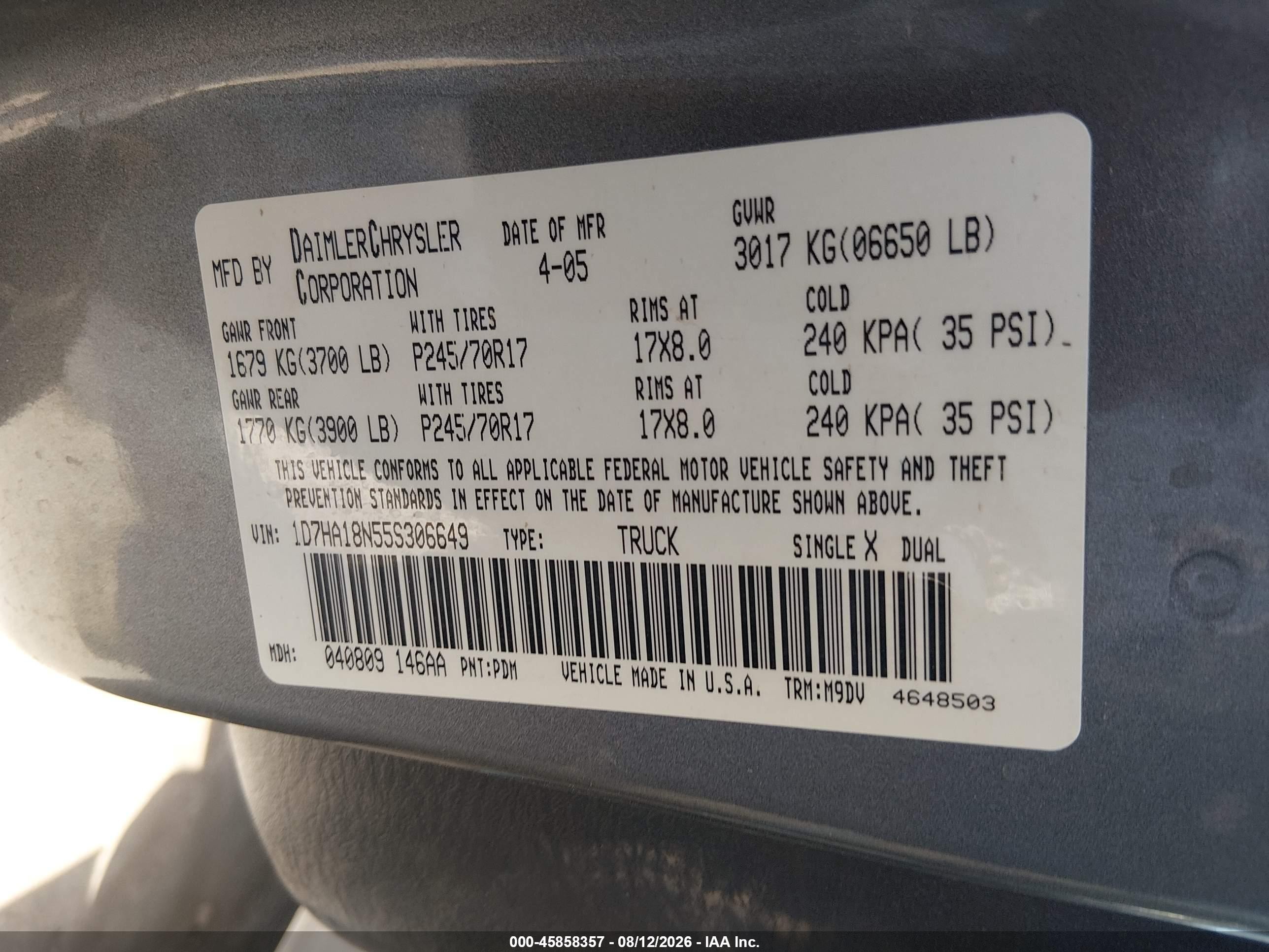 2005 Dodge Ram 1500 Slt/laramie Gray vin: 1D7HA18N55S306649