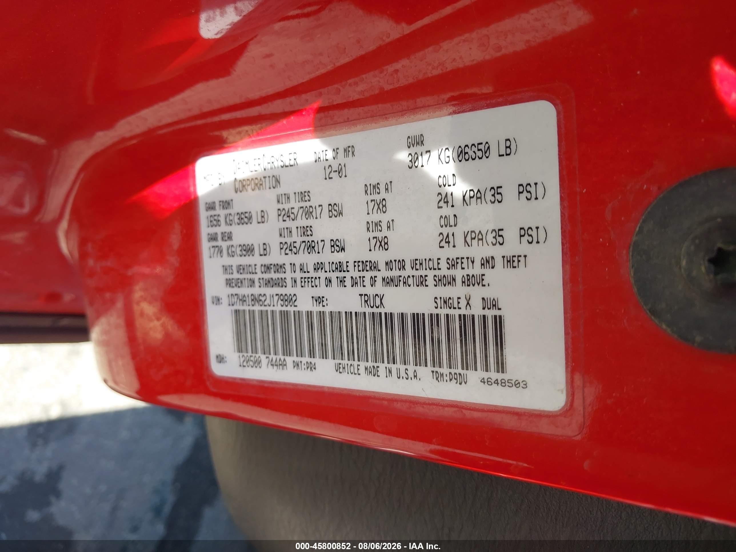 2002 Dodge Ram 1500 St Red vin: 1D7HA18N62J179802