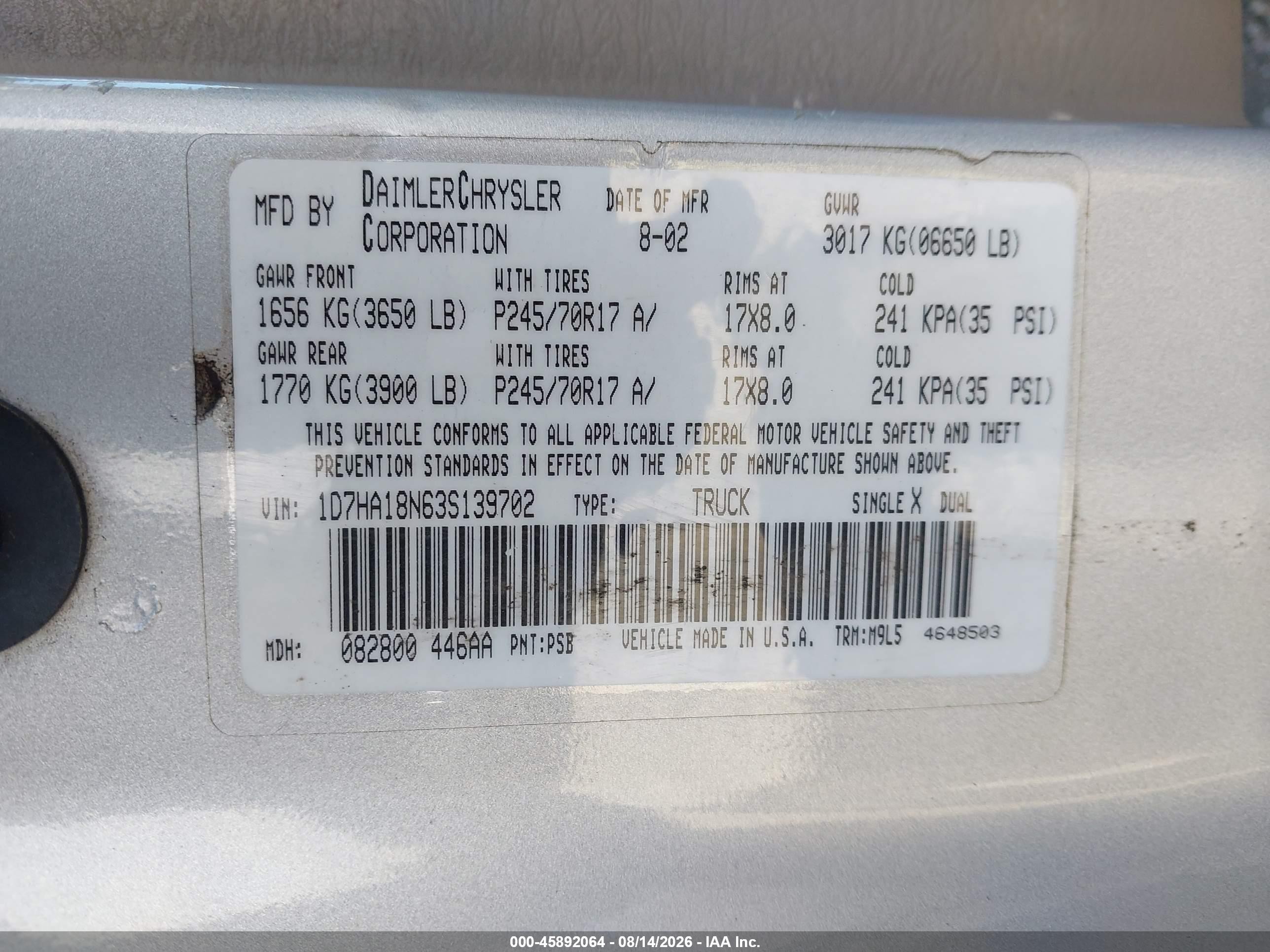 2003 Dodge Ram 1500 Slt/laramie/st Gray vin: 1D7HA18N63S139702