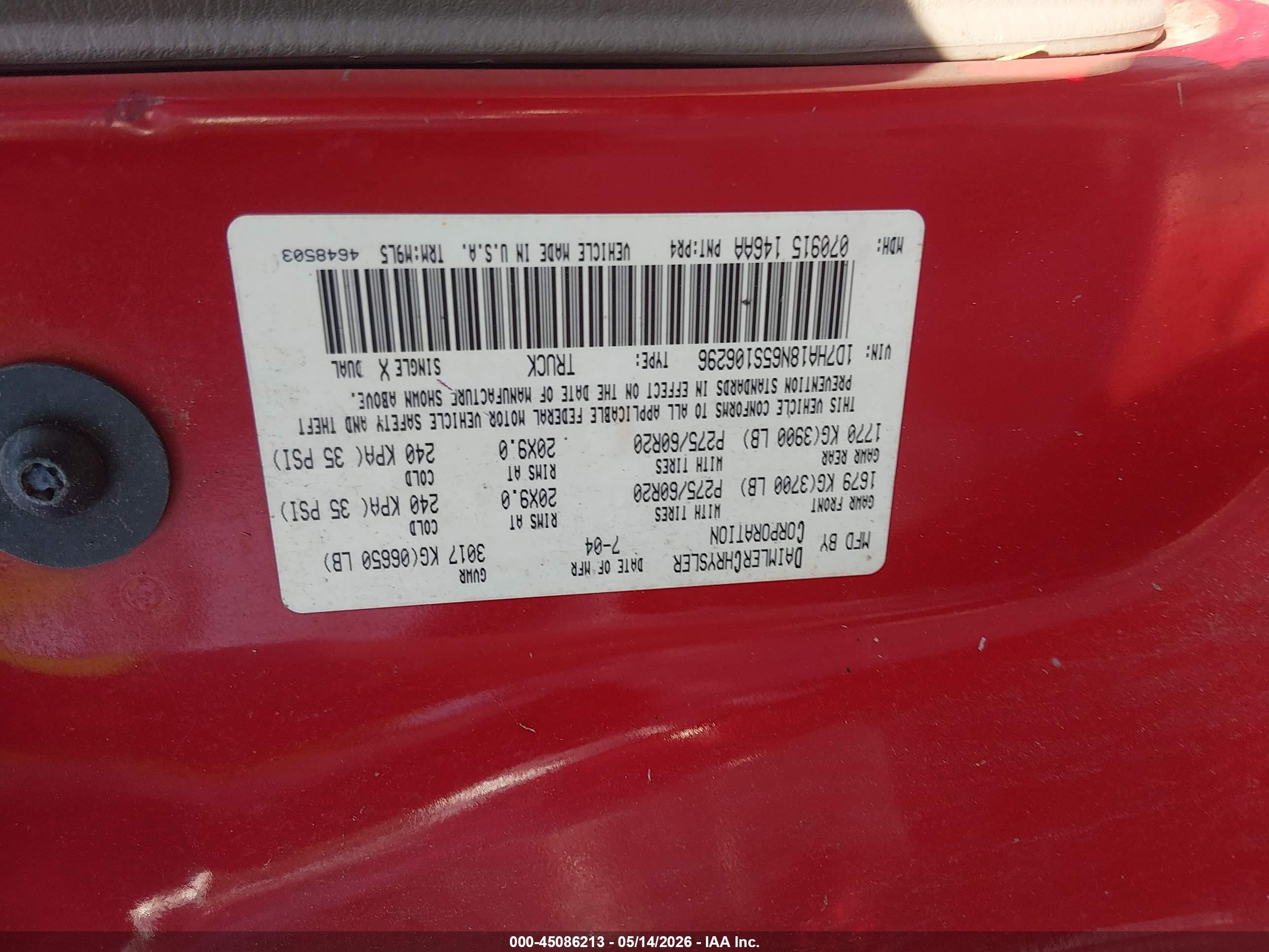 2005 Dodge Ram 1500 Slt/laramie Red vin: 1D7HA18N65S106296