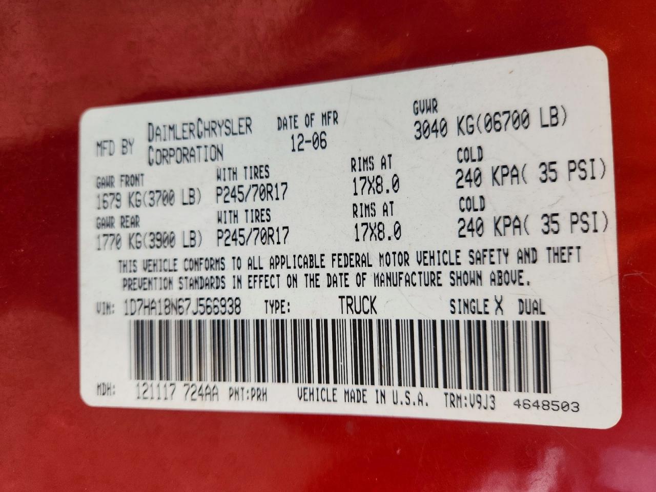 2007 Dodge Ram 1500 St Red vin: 1D7HA18N67J566938