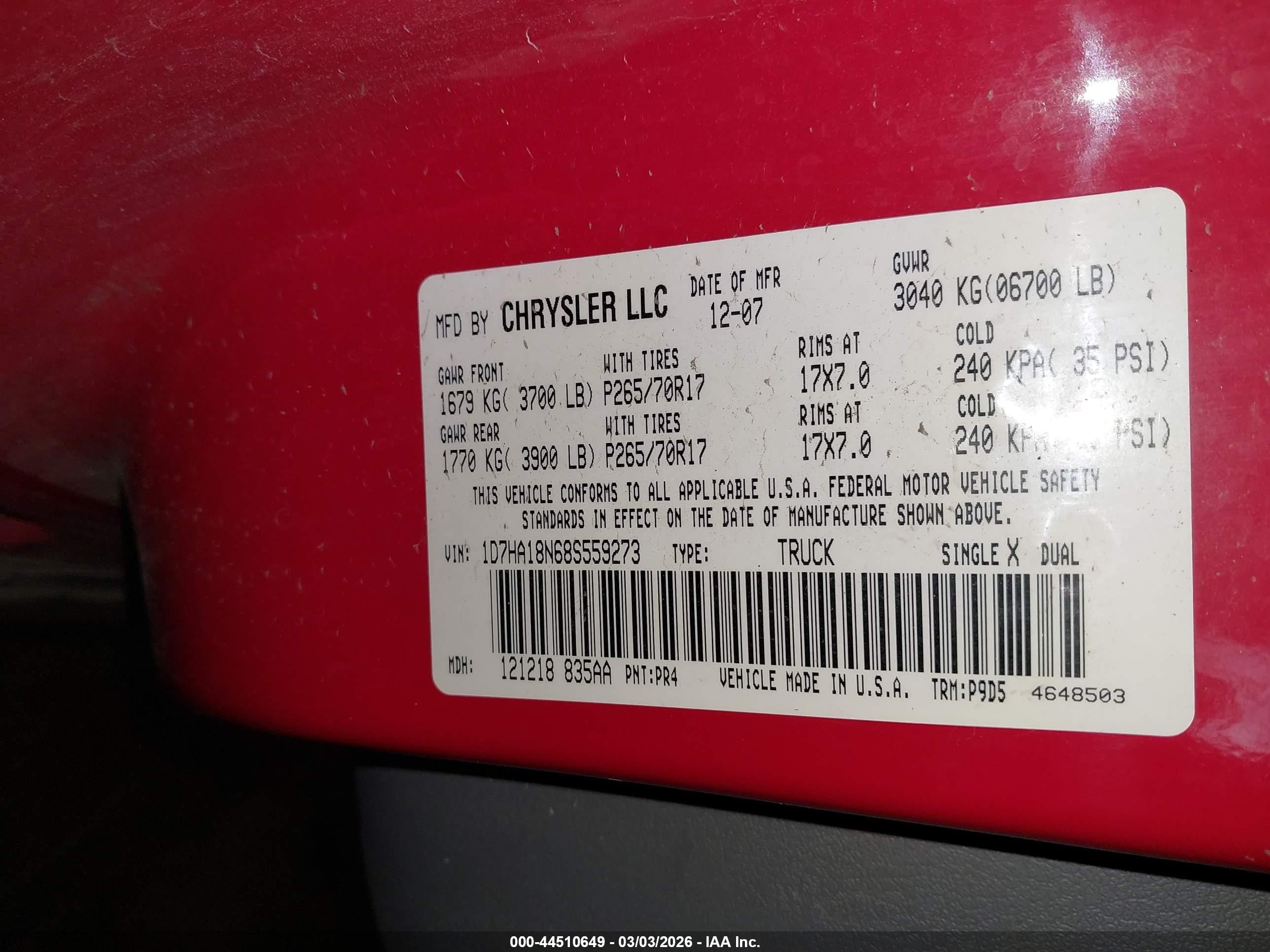 2008 Dodge Ram 1500 St/sxt Red vin: 1D7HA18N68S559273